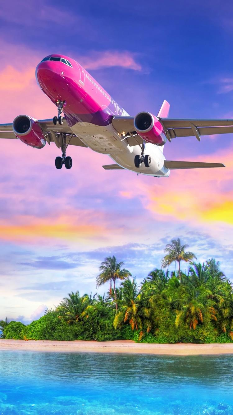 750x1334 Wallpaper / Vehicles Airbus A320 Phone Wallpaper, Island, Orange (Color), Airplane, Palm Tree, Ocean, 750x1334 free download