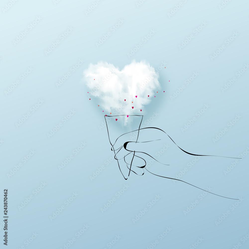 1000x1000 Illustration of doodle hand holding 3D heart cloud ice cream. Love concept, Valentine's day background. Vector illustration. Wallpaper, invitation, posters, Stock Vector