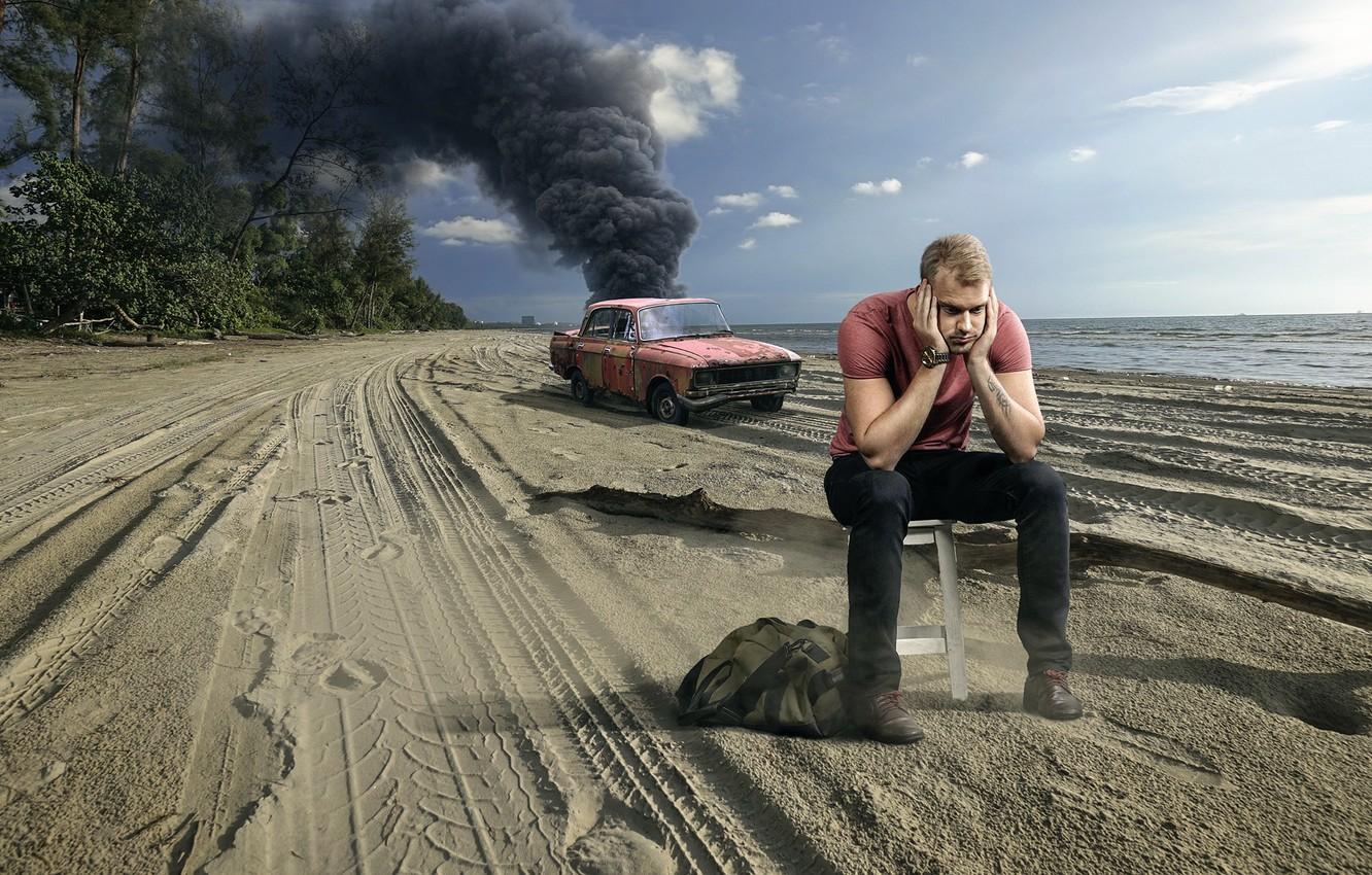 1332x850 Wallpaper crash, beach, smoke, guy, car image for desktop, section мужчины