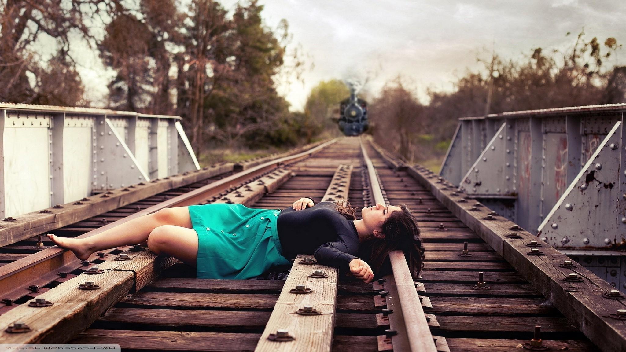 2048x1152 Suicide Girls, Lying Down, Train, Women, Railway, Skirt Wallpaper HD / Desktop and Mobile Background