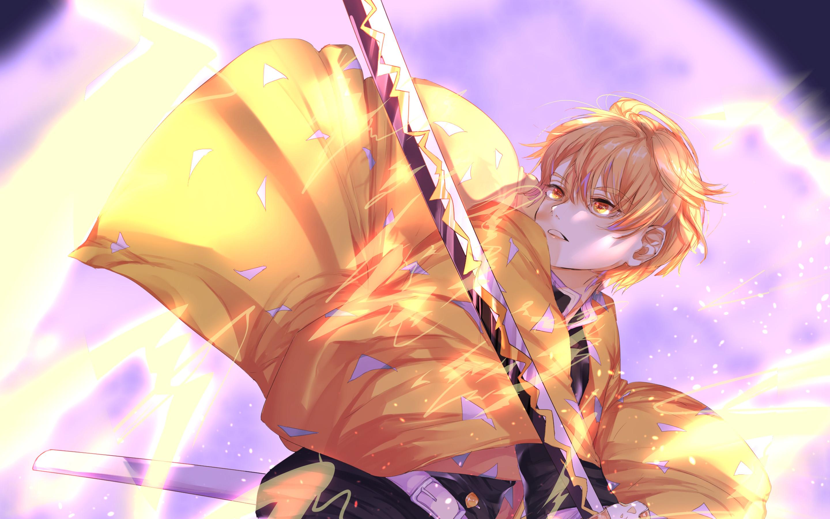 2880x1800 Download wallpaper Zenitsu Agatsuma, sword, Demon Hunter, samurai, Kimetsu no Yaiba, Demon Slayer, rays, manga, Zenitsu Agatsuma with sword for desktop with resolution 2880x1800. High Quality HD picture wallpaper