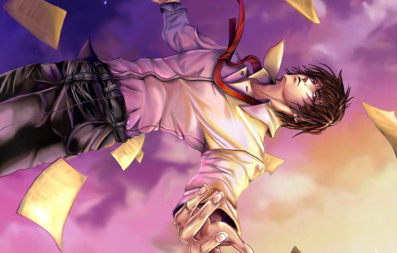 1332x850 Wallpaper the sky, drop, art, leaves, guy, Death Note, Light Yagami