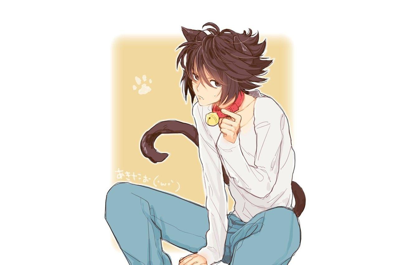 1332x850 Wallpaper cat, anime, art, guy, bell, Death Note, death note, L, L