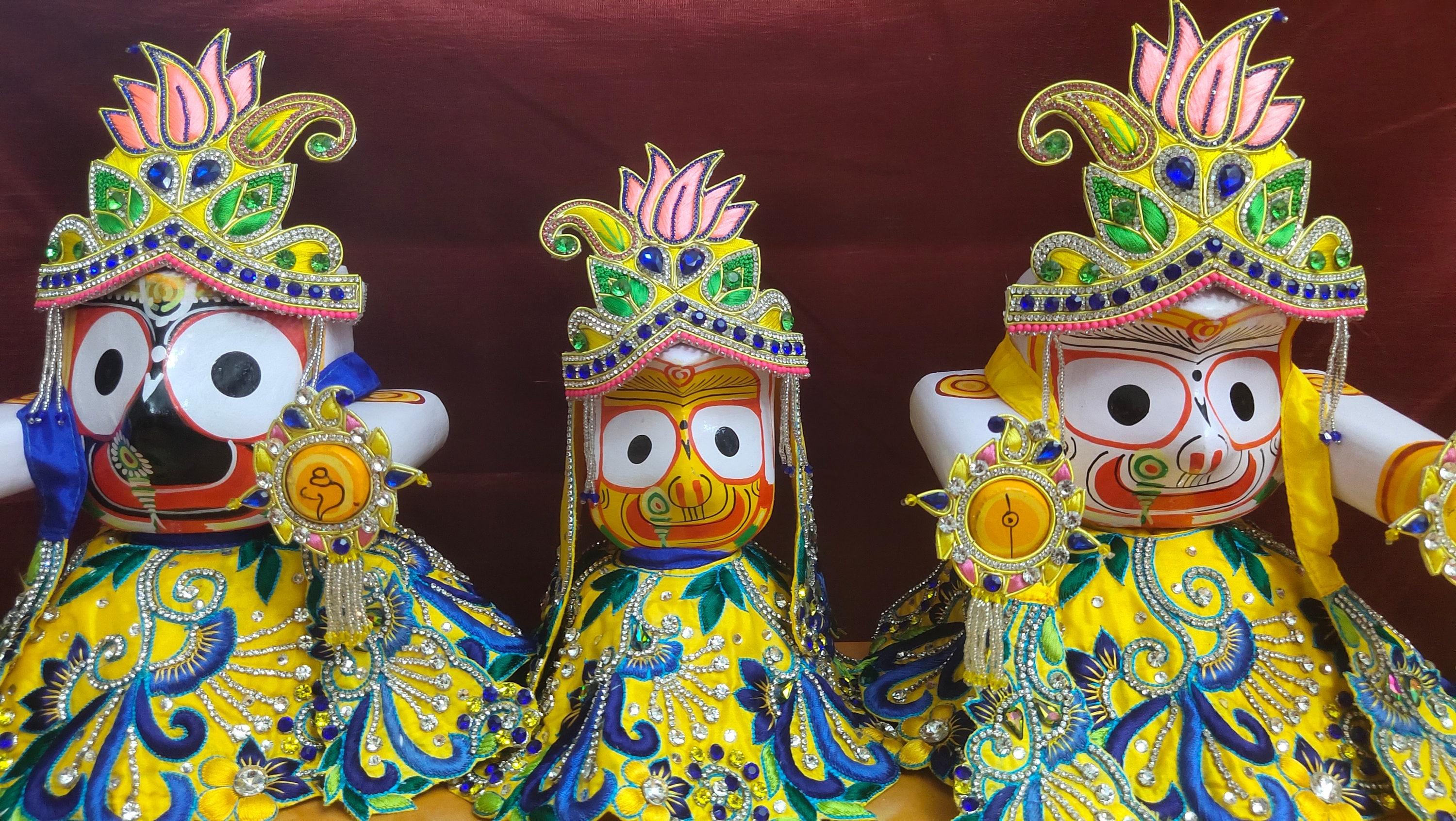 3000x1692 Jagannath Baldev Subhadra With Handmade Designed Blue Golden