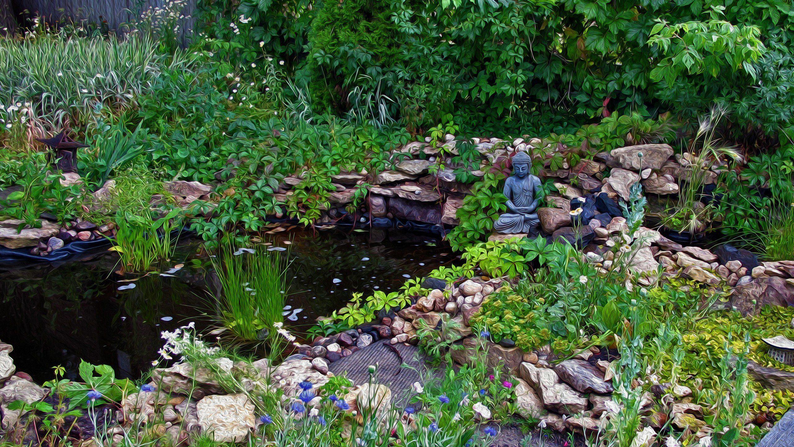2560x1440 zen, Buddha, Green, Oil painting, Peaceful HD Wallpaper / Desktop