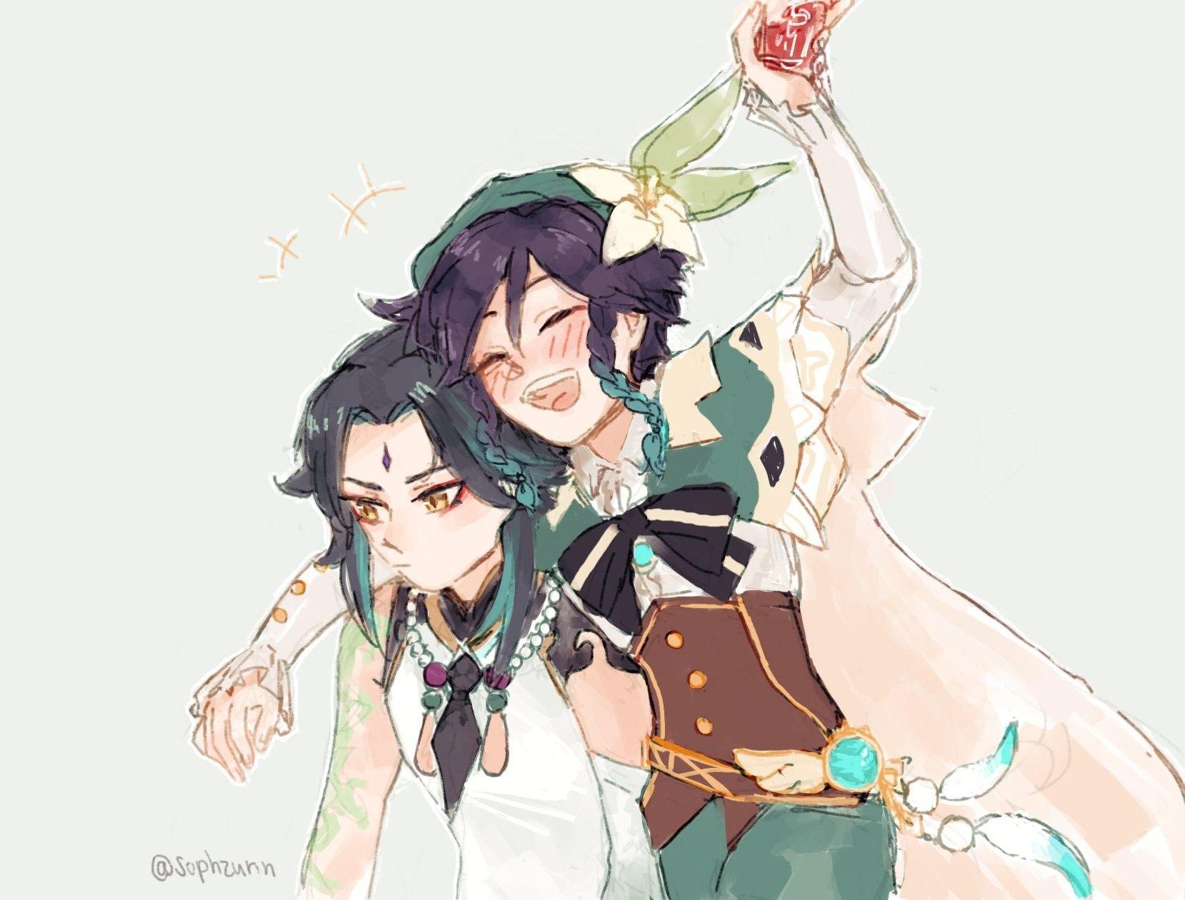 1659x1260 Xiao & Venti. Милые рисунки, Эскизы персонажей, Рисунки