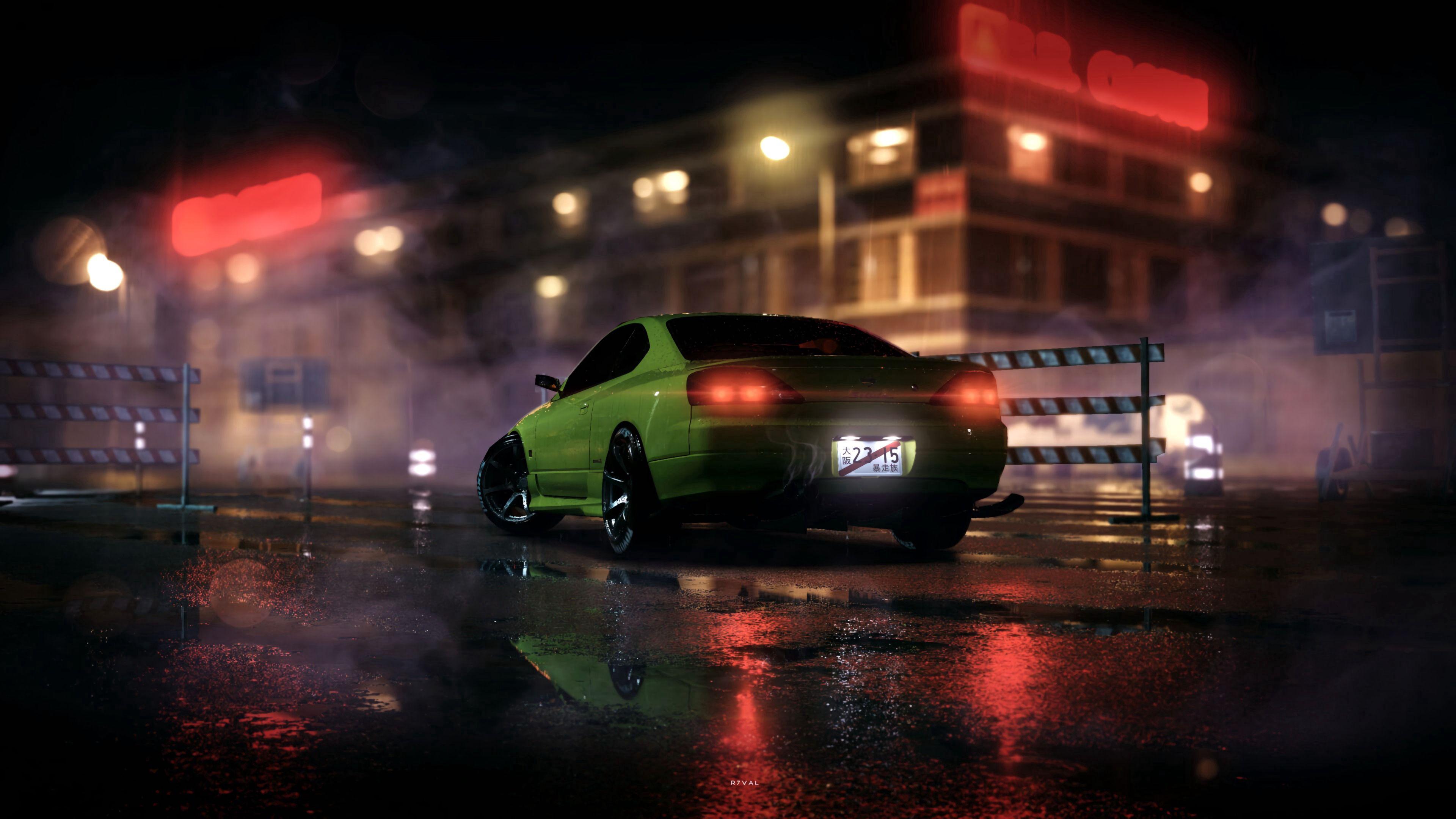 3840x2160 Wallpaper / car, sportscar, green, night, light, smoke, 4k free download