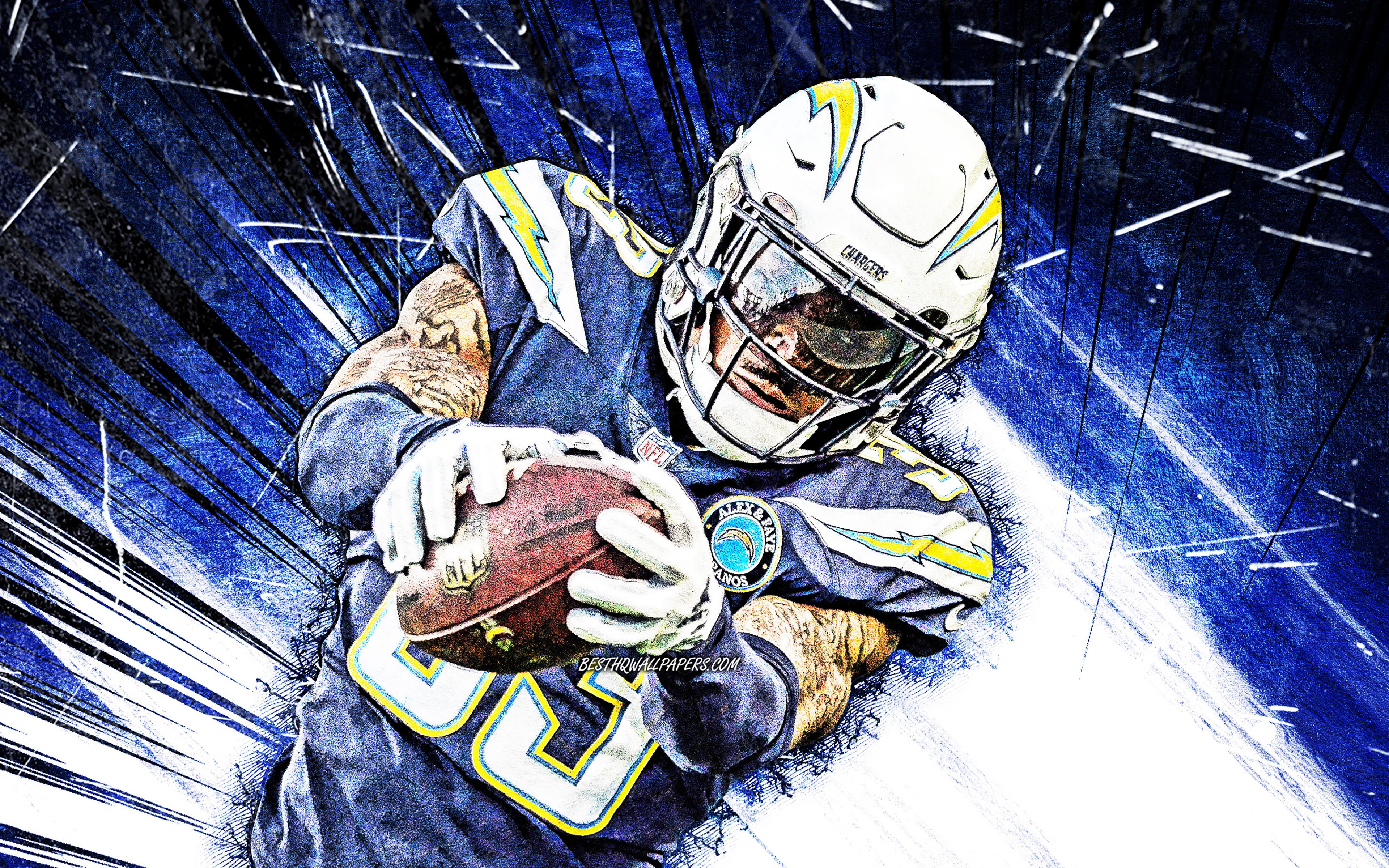 3840x2400 Download wallpaper 4k, Derwin James, grunge art, NFL, Los Angeles Chargers, american football, strong safety, Derwin Alonzo James Jr, LA Chargers, National Football League, blue abstract rays, Derwin James LA Chargers for