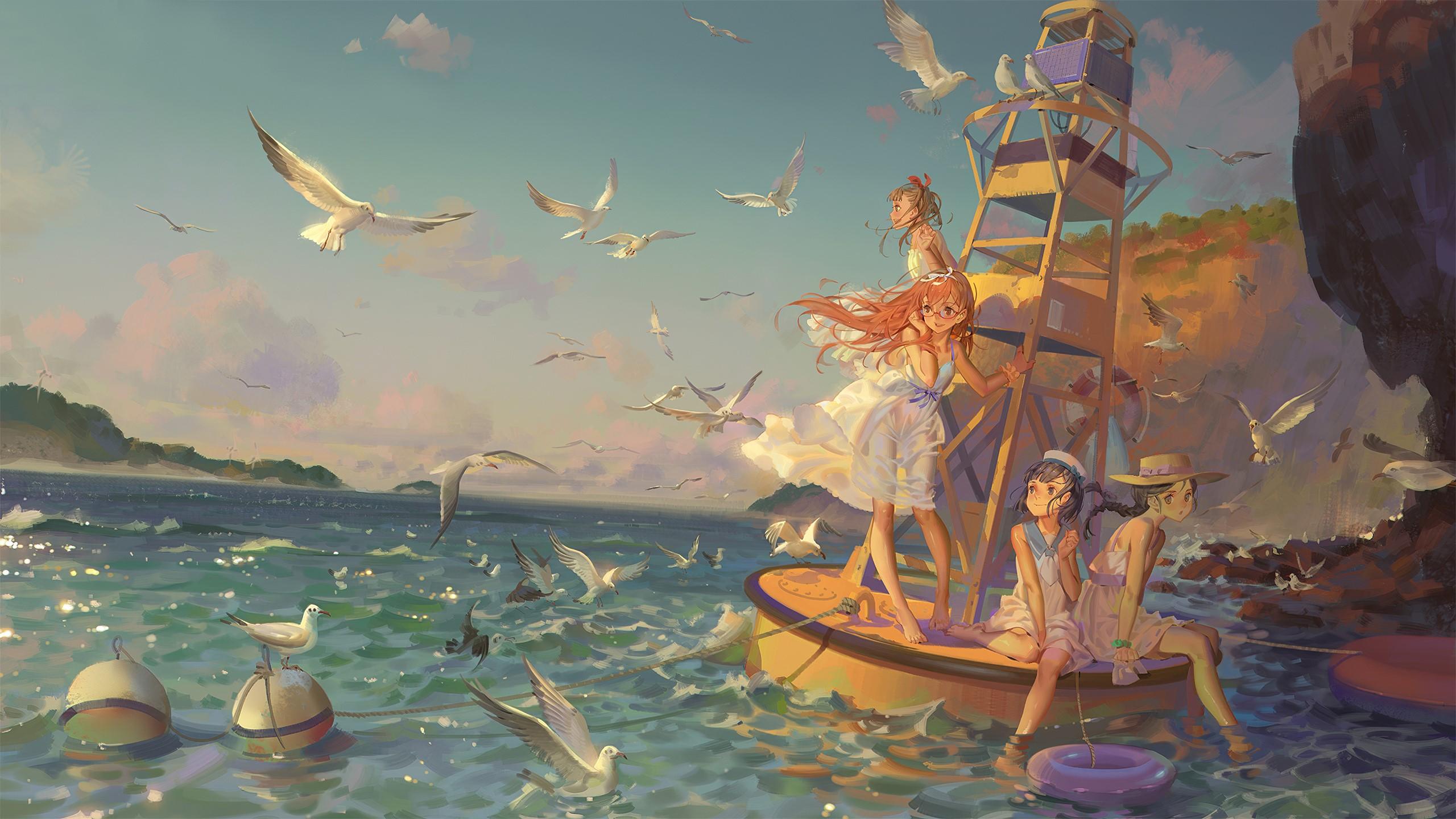 2560x1440 vacation, sea, water, seagulls, women, daylight, buoy, digital, anime Gallery HD Wallpaper