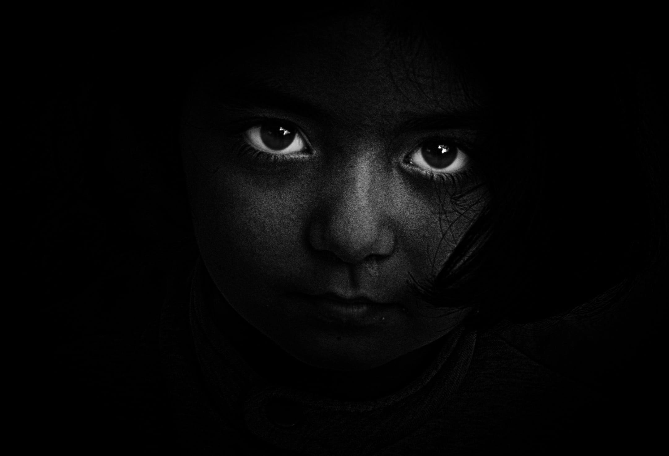 2162x1475 Wallpaper Girl's Face, Black And White, Person, Dark, Eyes