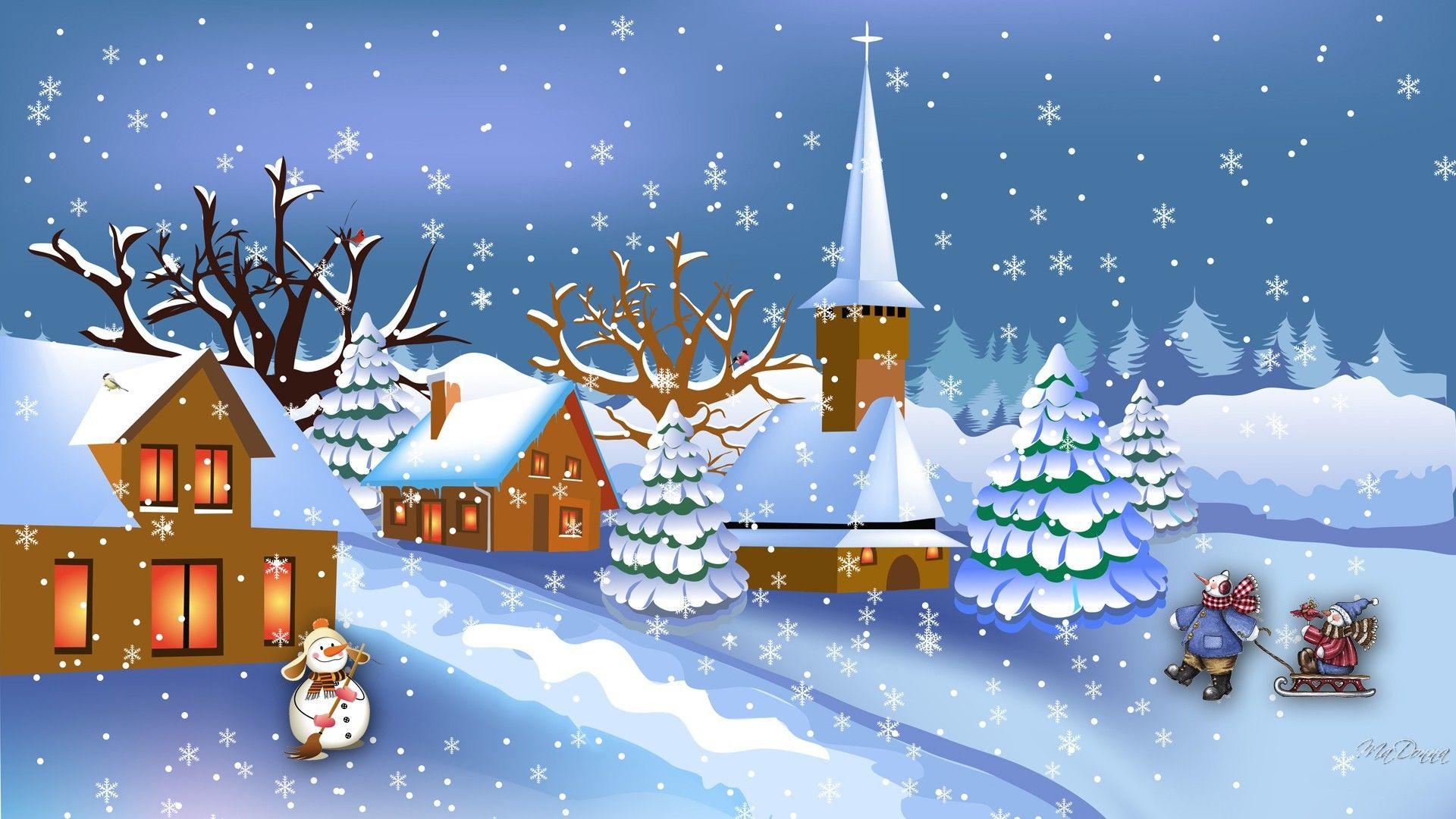 1920x1080 Winter: Peaceful Sunday Morning Snowman Christmas Chapel Trees