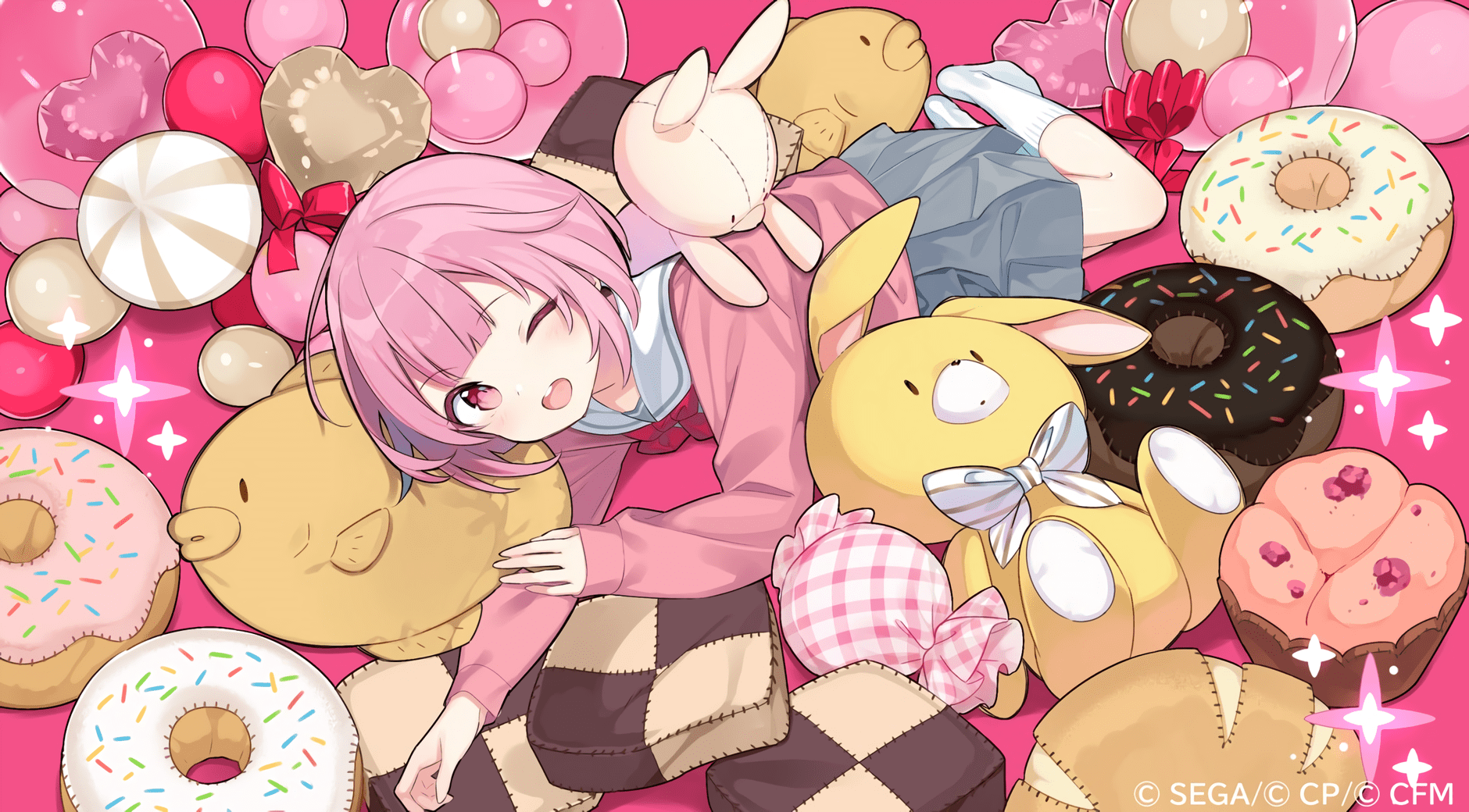 1880x1040 bunny kiya machi kneehighs ootori emu pink eyes pink hair project sekai school uniform short hair skirt socks vocaloid waifu2x wink. konachan.com.com Anime Wallpaper
