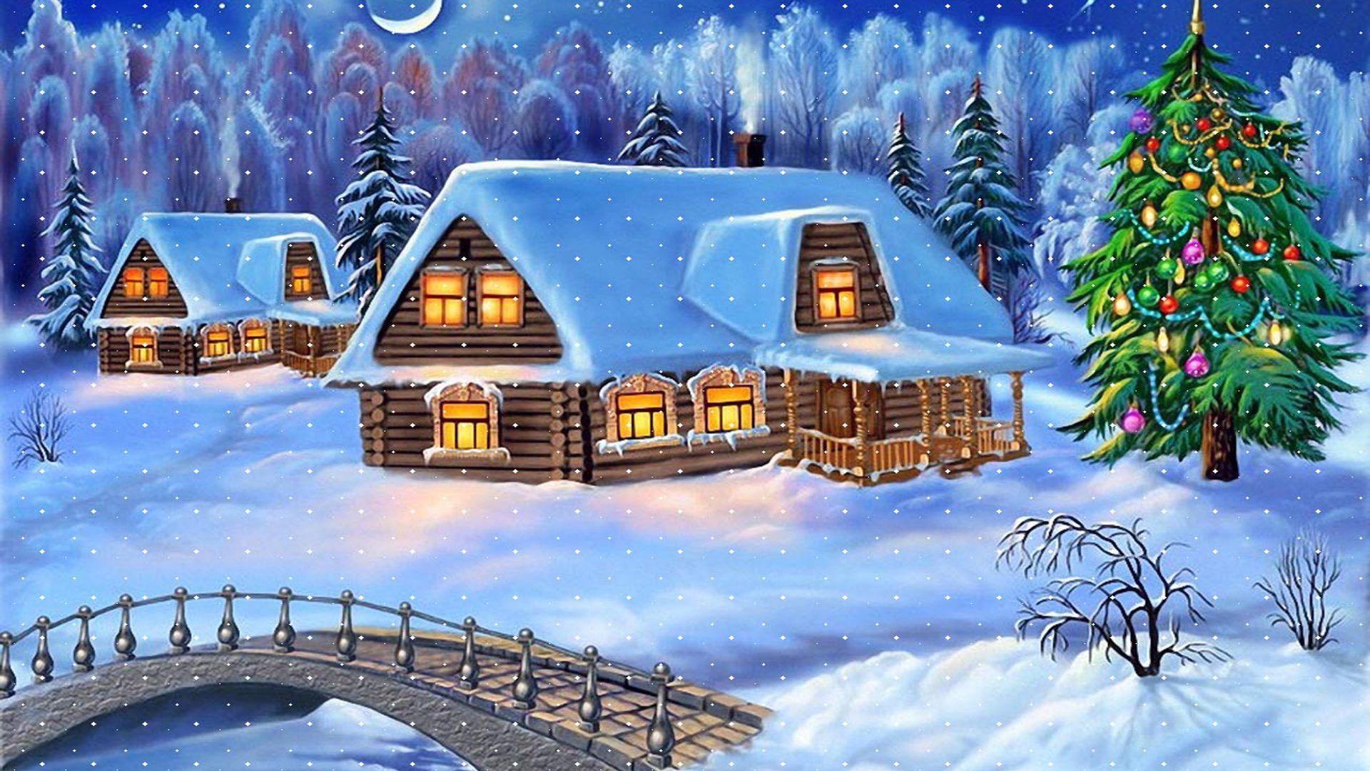 1920x1080 Happy New Year Christmas Tree Winter Village Houses Wooden Bridge