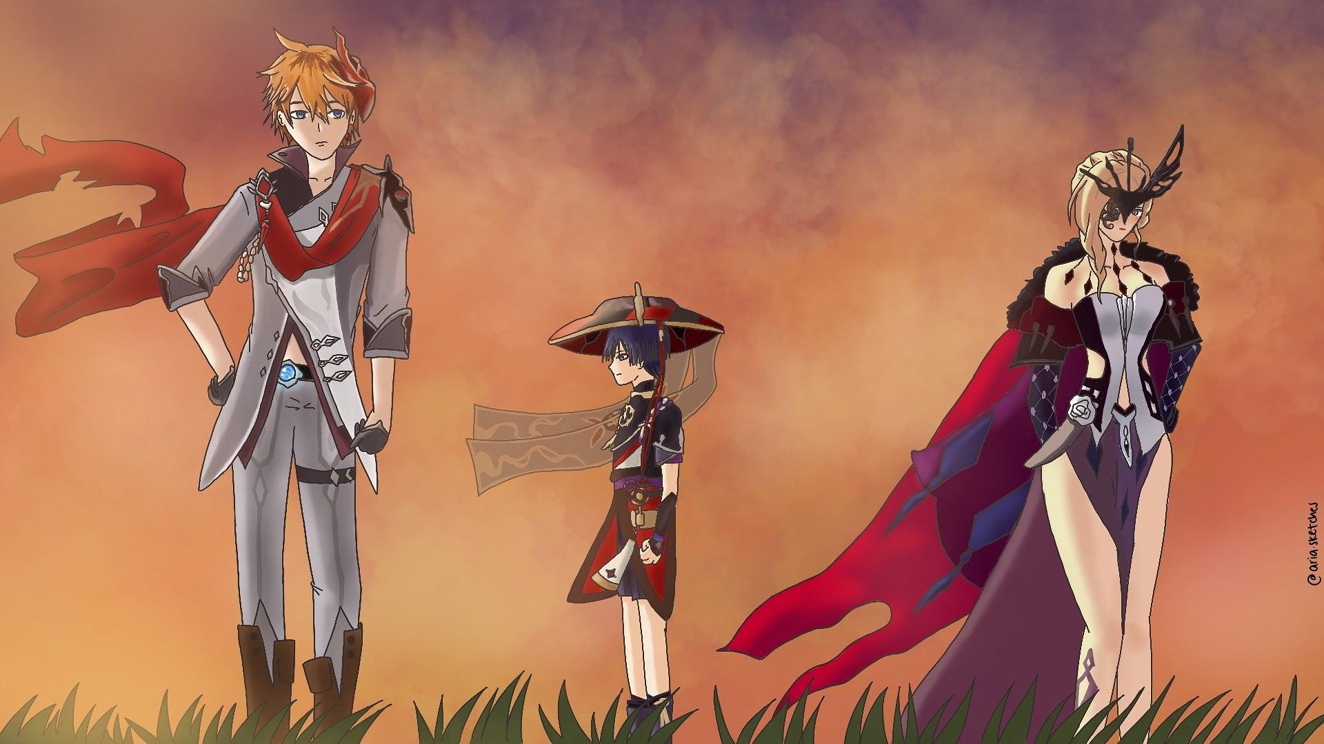 1920x1080 Decided to draw the (known) Fatui Harbingers posing like in an anime ending