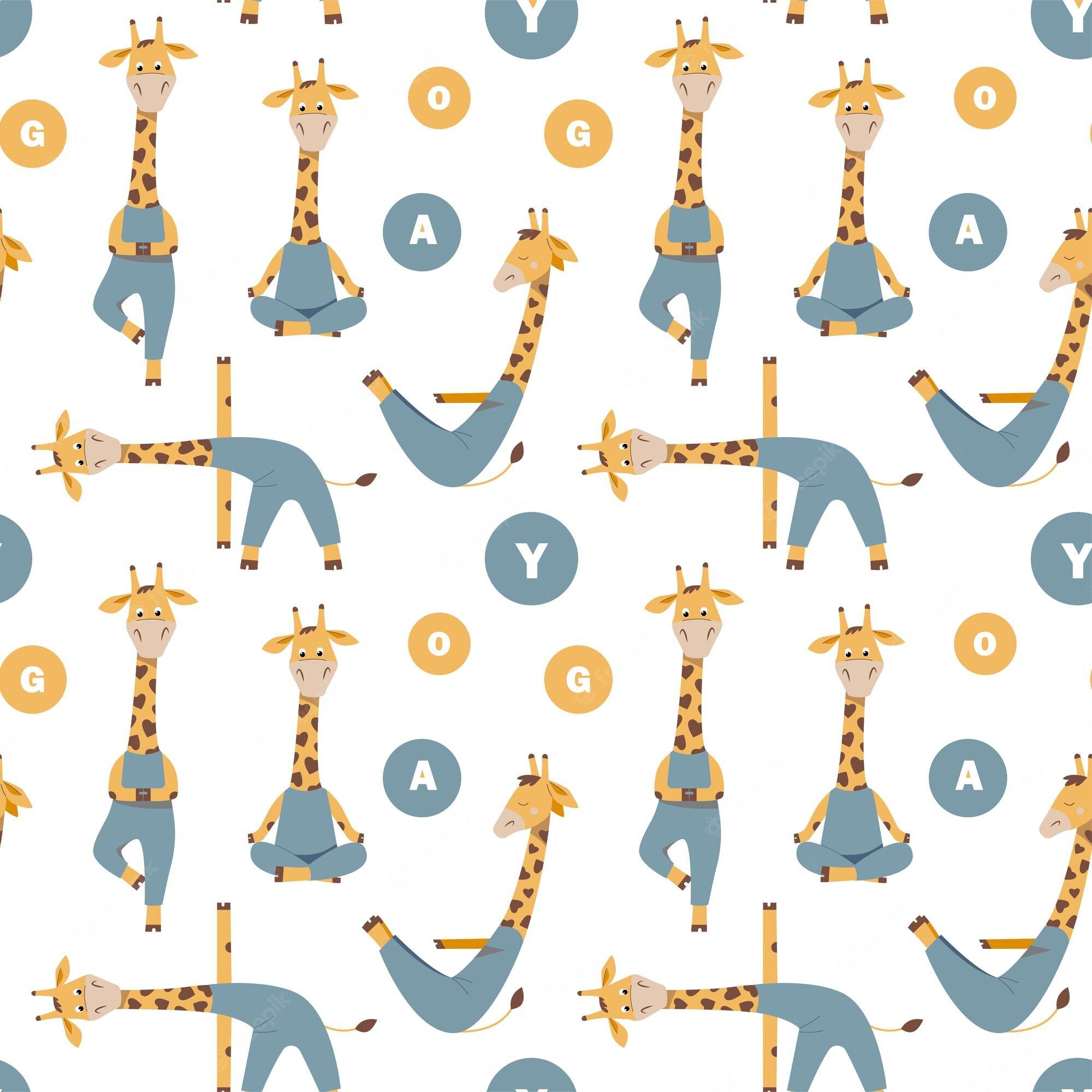 2000x2000 Premium Vector. Seamless pattern with a kids yoga poses and funny cartoon giraffes