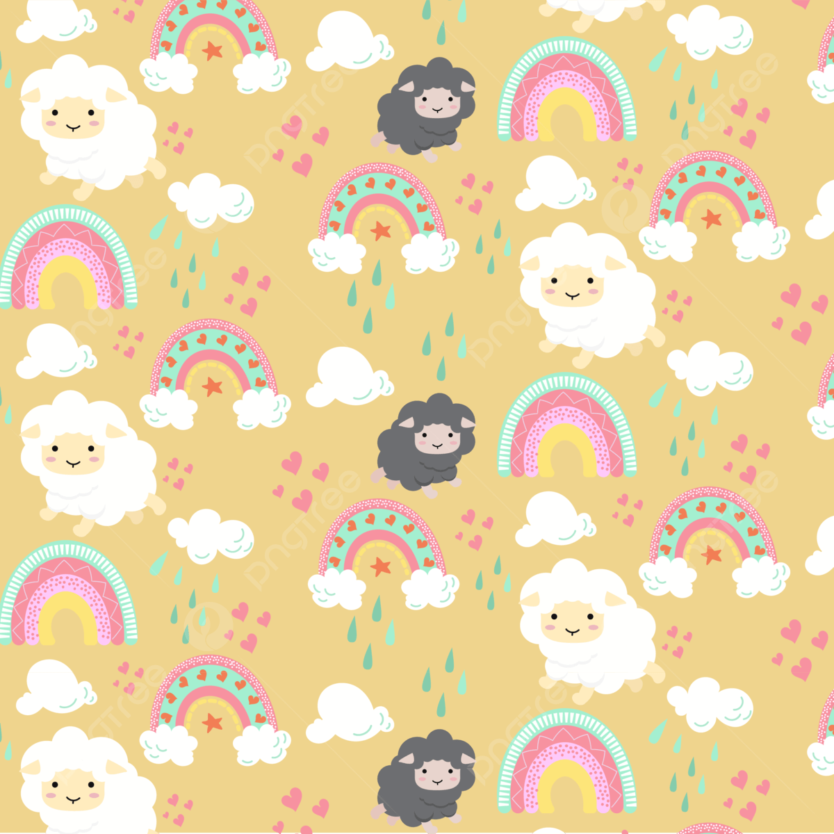 1200x1200 Rainbow Pattern With Cute Sheep In Cream Background, Rainbow Pattern, Cute Sheep, Cute Hand Drawing Rainbow Background Image for Free Download