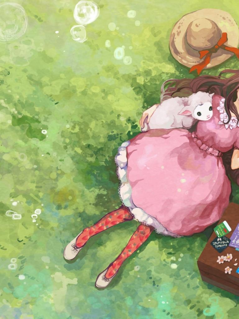 768x1024 Girl Cute Sheep Meadow iPad mini wallpaper