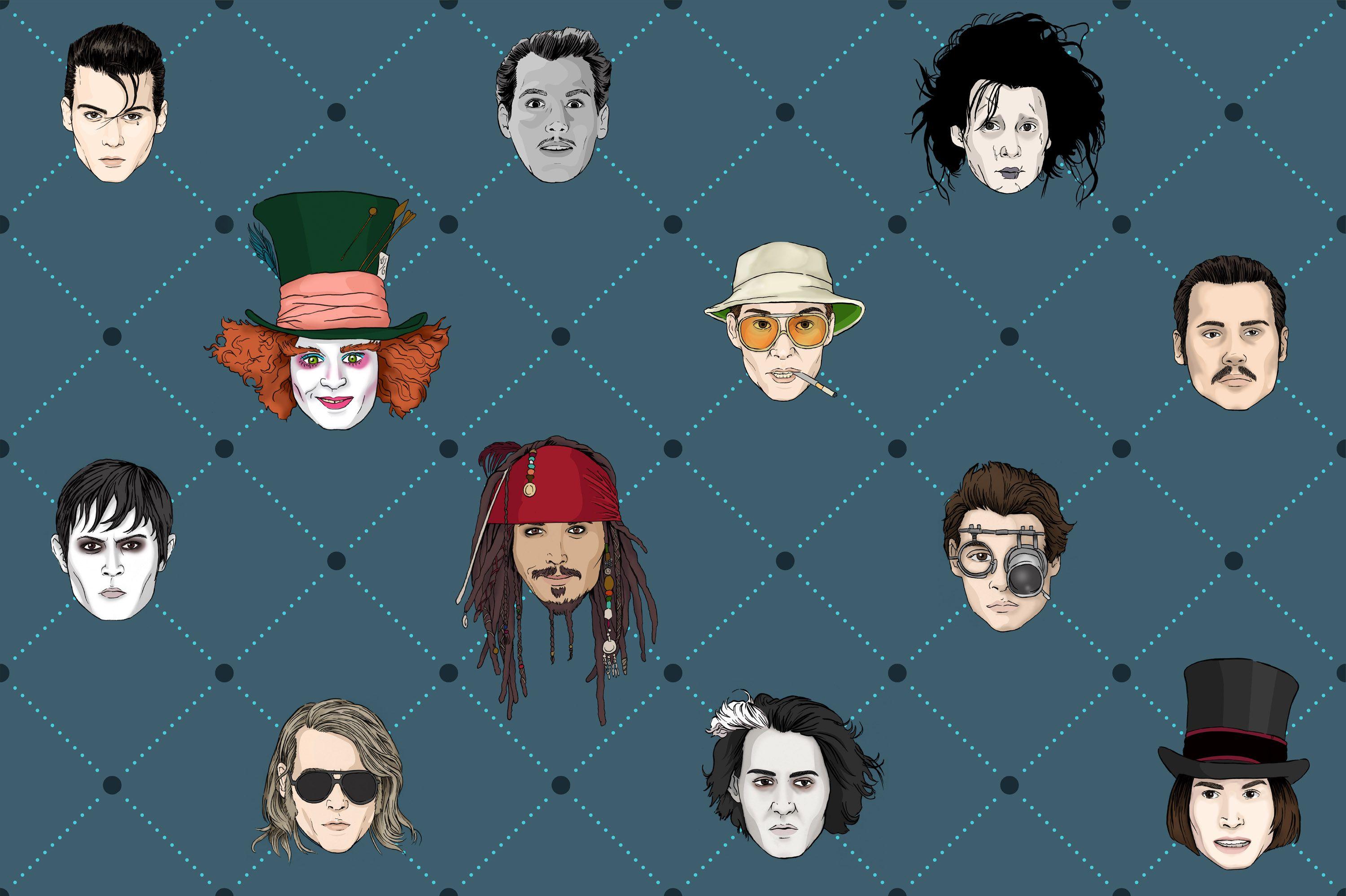 3000x1997 Johnny Depp wallpaper pattern print featuring the many characters of Johnny Depp : Edward S. Pegatinas bonitas, Mujer maravilla batman, Dibujo del sombrerero loco