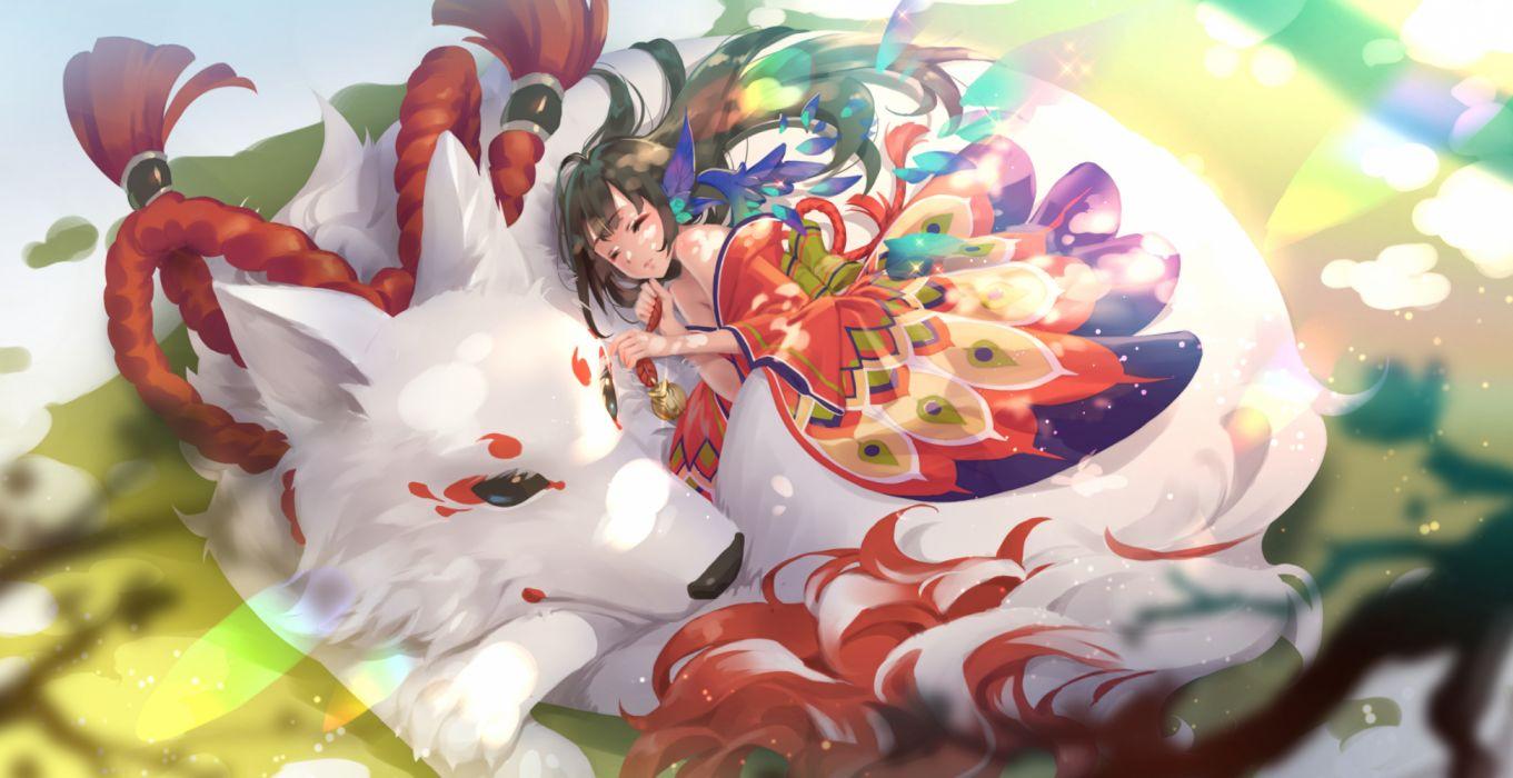 1361x700 animal black hair dress fox japanese clothes kimono original ribbons rope tagme (artist) wallpaperx1140