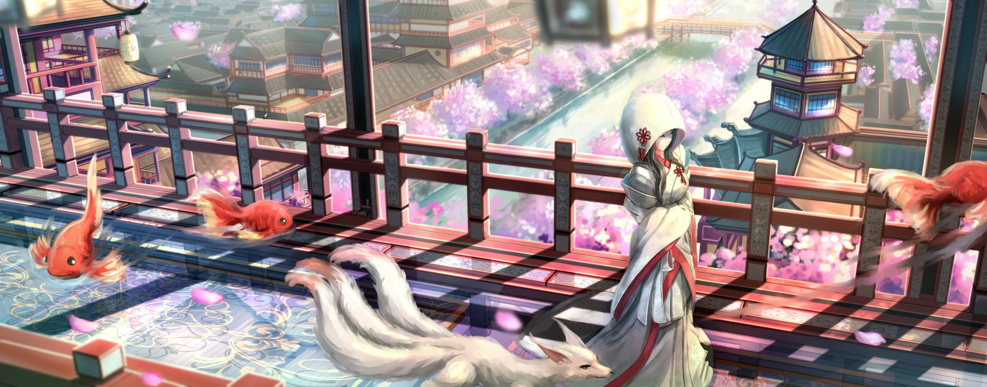 3331x1308 Anime City Fish Fox Girl Hood Sakura Blossom Wallpaper:3331x1308