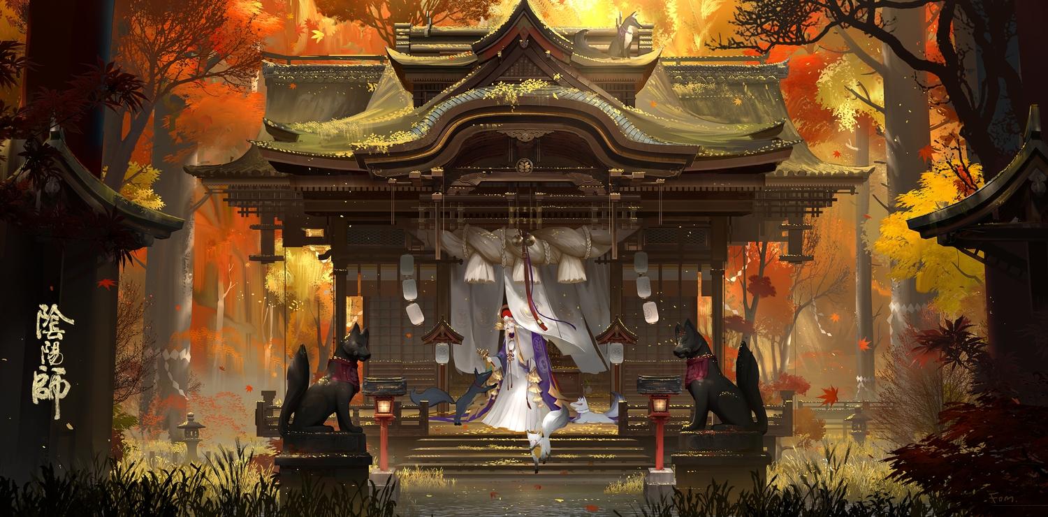 1500x740 animal autumn fom (lifotai) forest fox japanese clothes leaves miko onmyouji shrine signed sunset tree water. konachan.com.com Anime Wallpaper