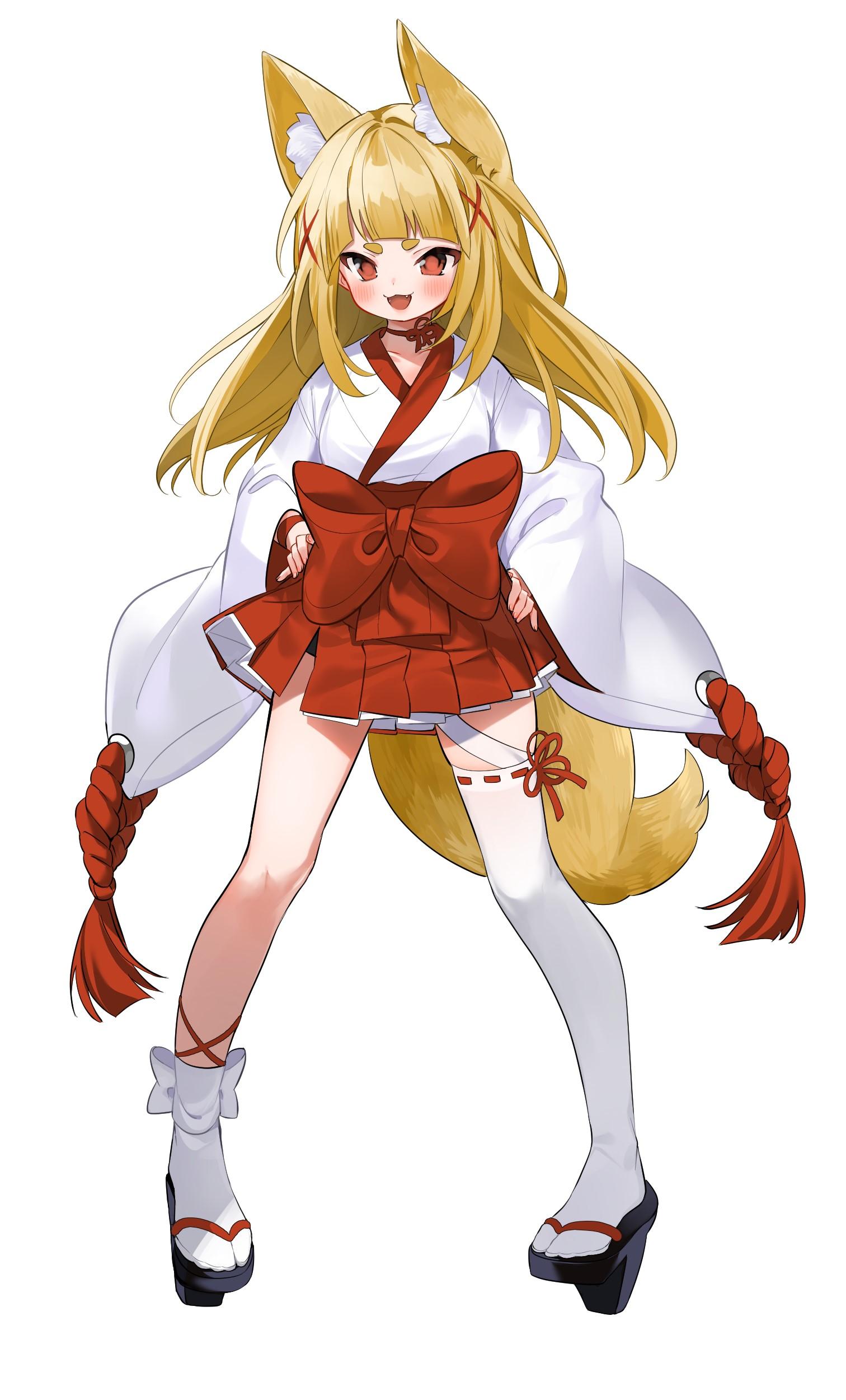 1512x2500 Japanese clothes, miko, vertical, fox girl, red eyes, tail, animal ears, 2D, portrait display, anime girls, artwork, digital art, anime, blonde, loli Gallery HD Wallpaper