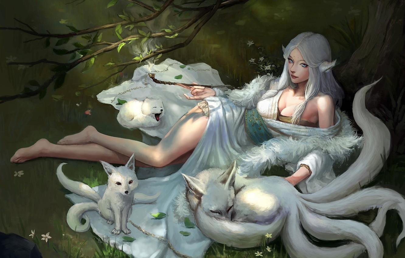 1332x850 Wallpaper Stay, Neckline, Japan, Mouthpiece, Kimono, Priestess, Demoness, On The Grass, Barefoot, The Demon Fox, Cubs, White Fur, Kitsune, White Flowers, Under The Tree, Long White Hair Image For Desktop, Section арт