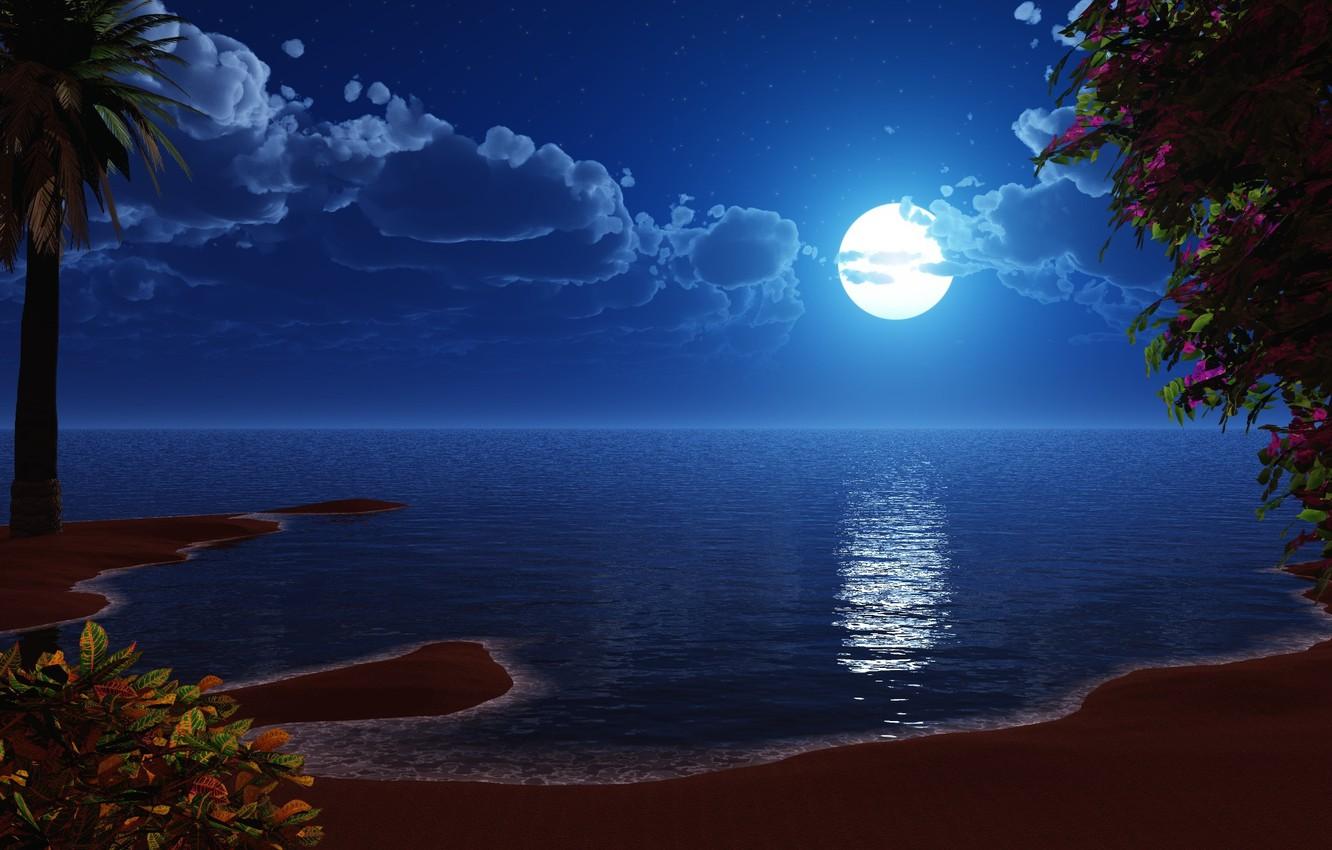 1332x850 Wallpaper sea, the moon, shore, drawing image for desktop, section рендеринг