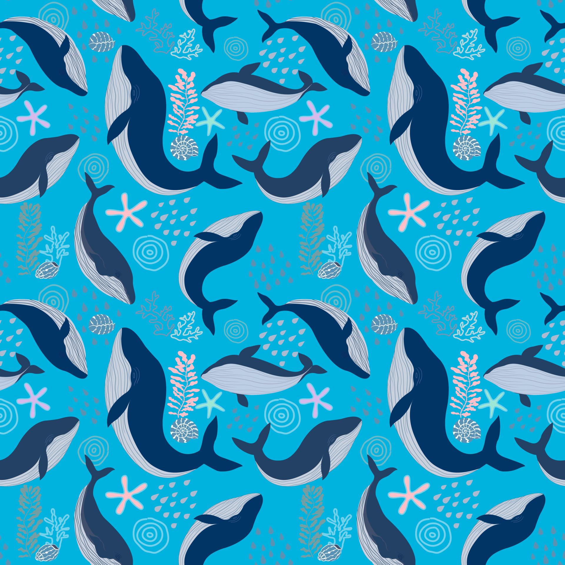 1920x1920 Vector seamless pattern with Blue Whale and Shell, coral, star fish, illustration abstract animal in ocean drawing on blue background for fashion fabric textiles printing, wallpaper and paper wrapping 13272409 Vector Art
