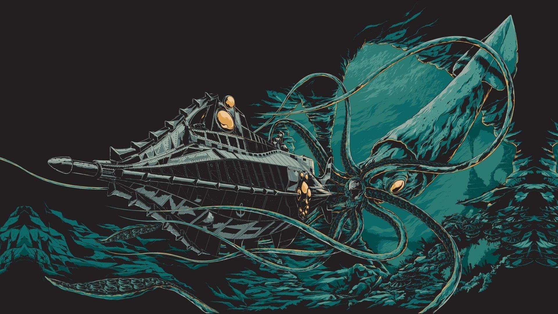 1920x1080 Jules Verne, Digital art, Illustration, 20000 Leagues Under the Sea, Underwater, Sea, Drawing, Octopus, Sea monsters, Submarine, Black background Wallpaper HD / Desktop and Mobile Background