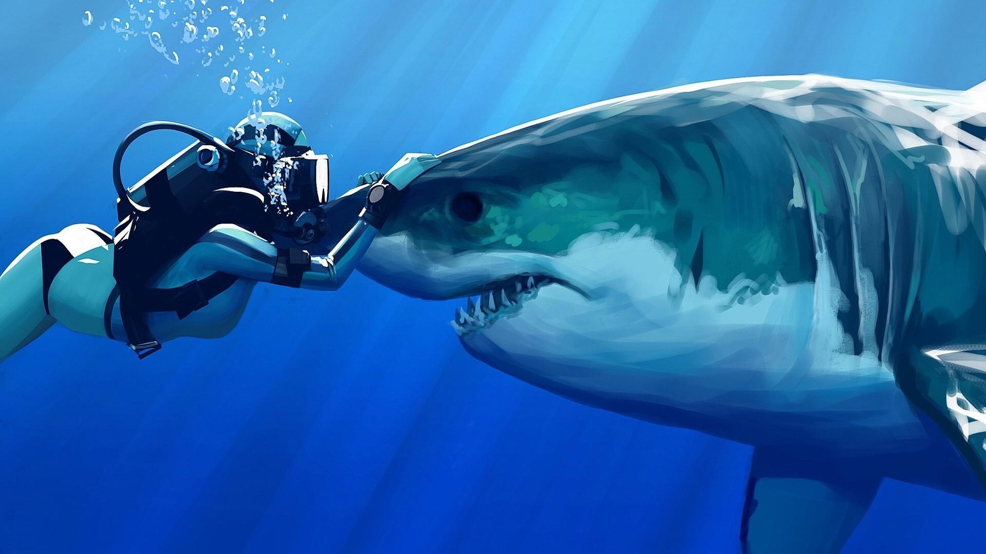 1920x1080 1920x1080 digital art drawing underwater shark sun rays blue sea bubbles teeth women divers great white shark wallpaper JPG 280 kB Gallery HD Wallpaper