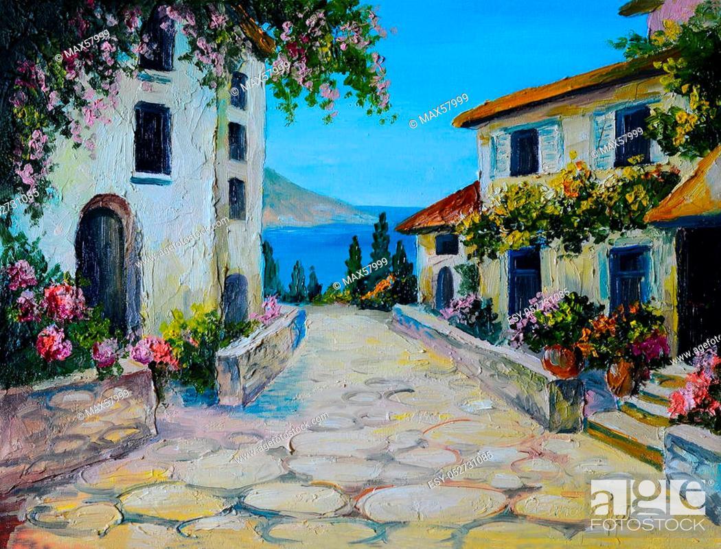 1050x800 Oil Painting On Canvas Of A Beautiful Houses Near The Sea, Abstract Drawing, Wallpaper; Freehand, , Picture And Low Budget Royalty Free Image. Pic. ESY 052731085
