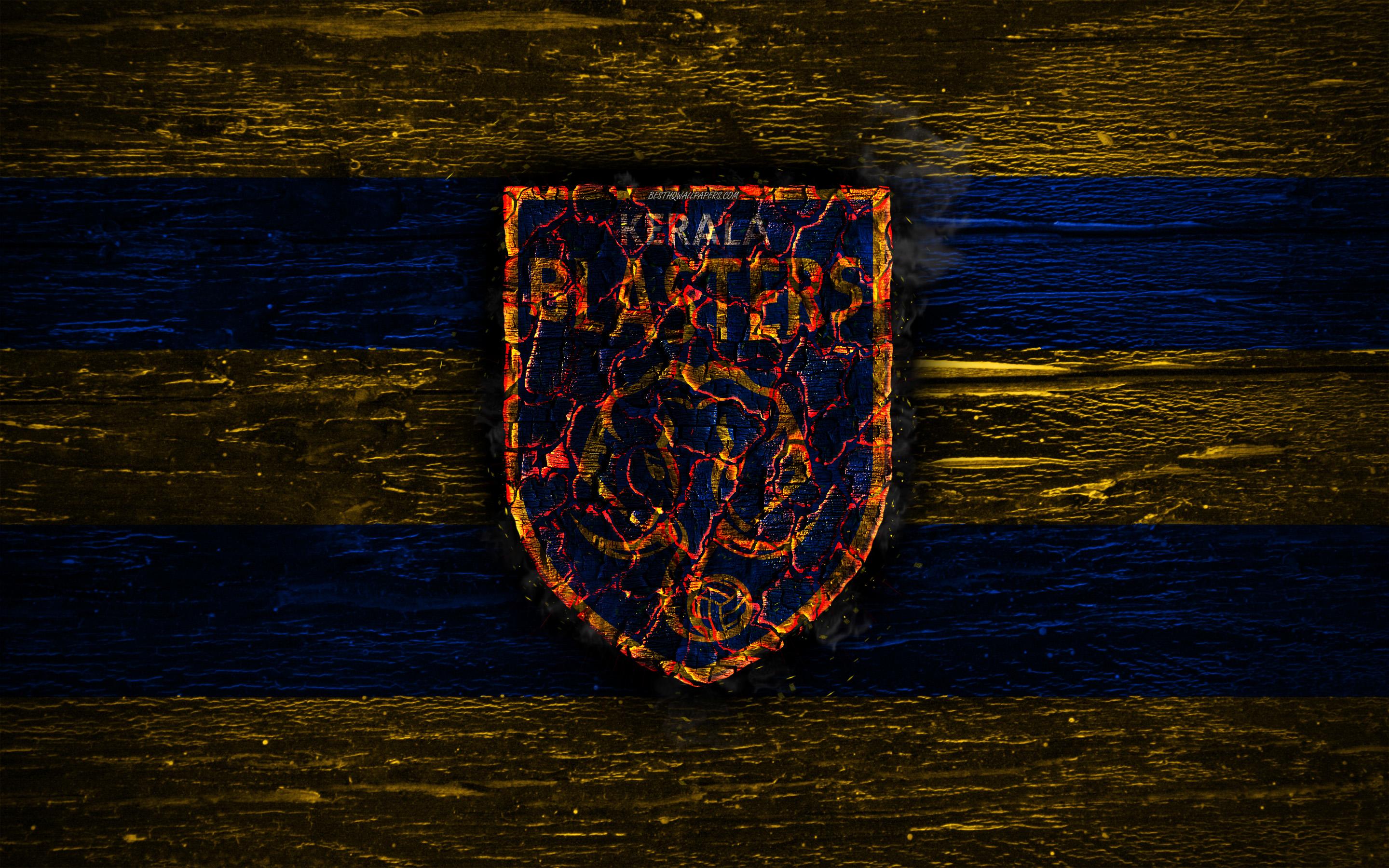 2880x1800 Download wallpaper Kerala Blasters FC, fire logo, Indian Super League, yellow and blue lines, ISL, Indian football club, grunge, football, soccer, logo, Kerala Blasters, wooden texture, India for desktop with resolution 2880x1800