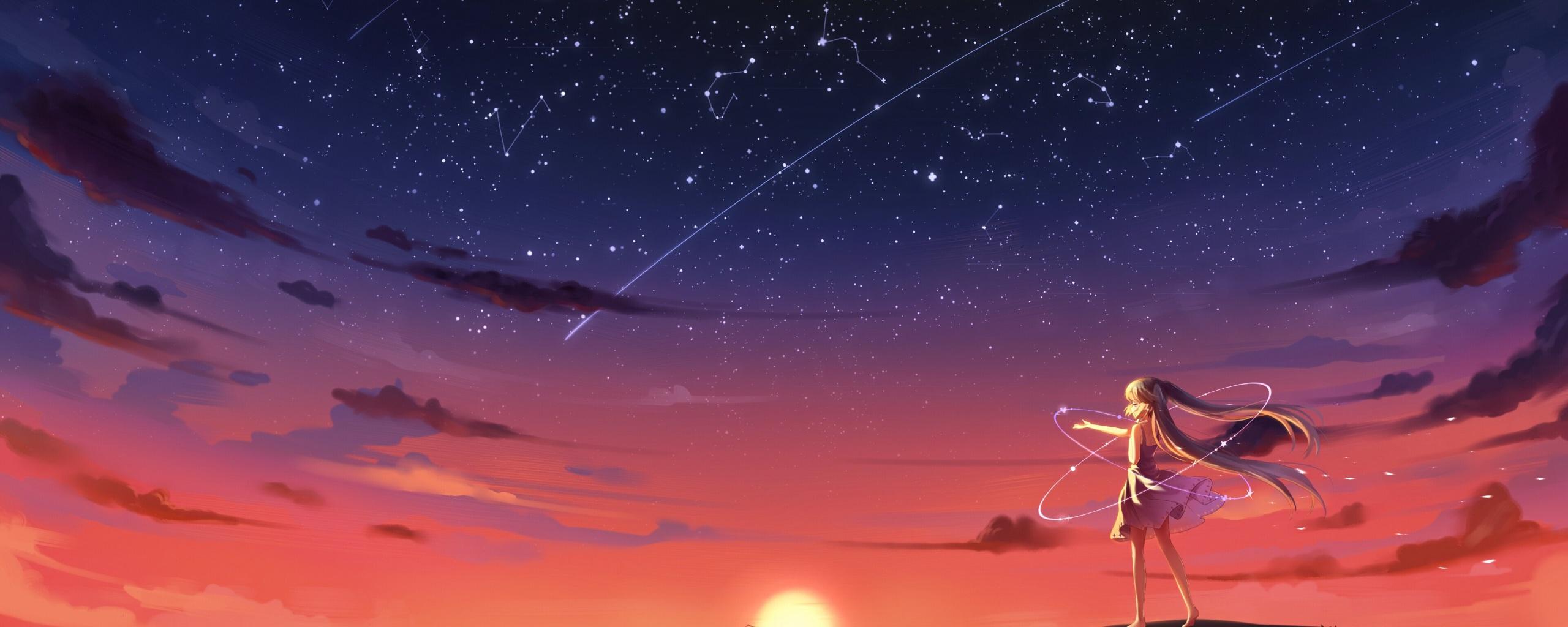 2560x1024 Wallpaper 4k Anime Girl Barefoot Blonde Sky Stars Sunset 4k Wallpaper