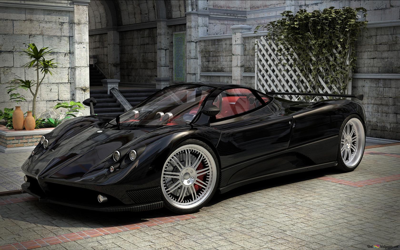 1680x1050 Black Pagani Zonda beside the building HD wallpaper download