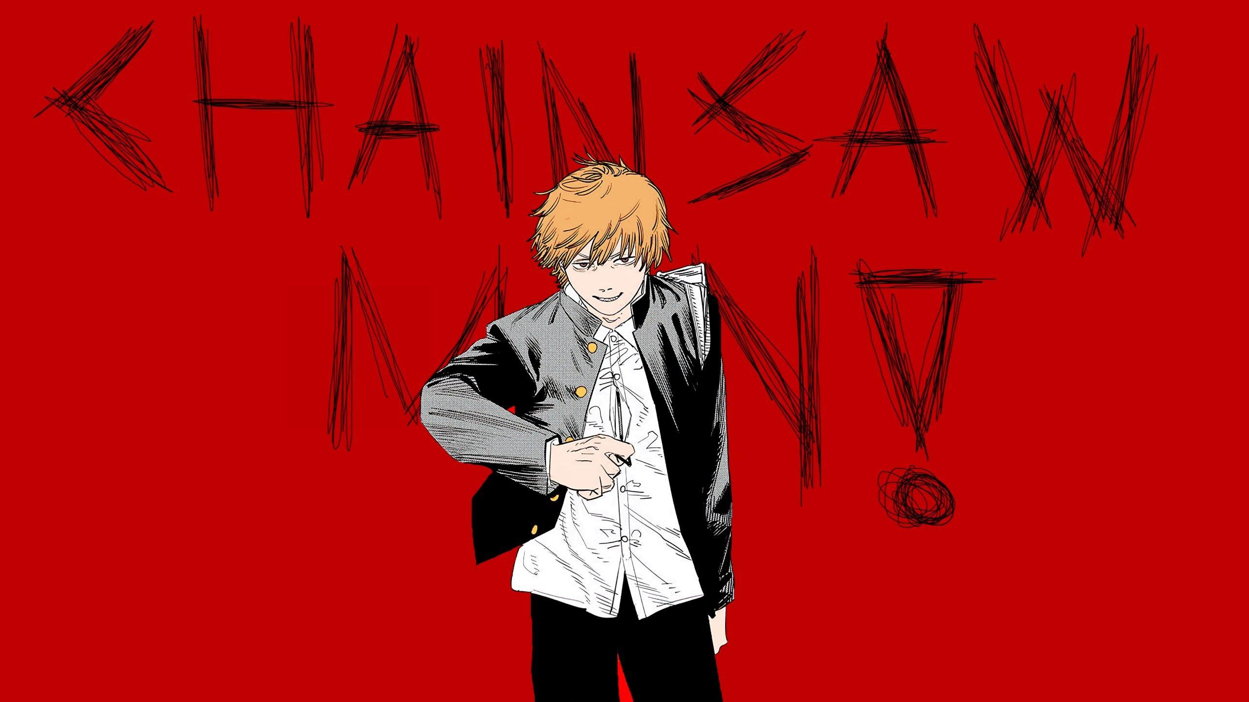 2560x1440 Wallpaper Chainsaw Man, Denji Chainsaw Man, Red Background