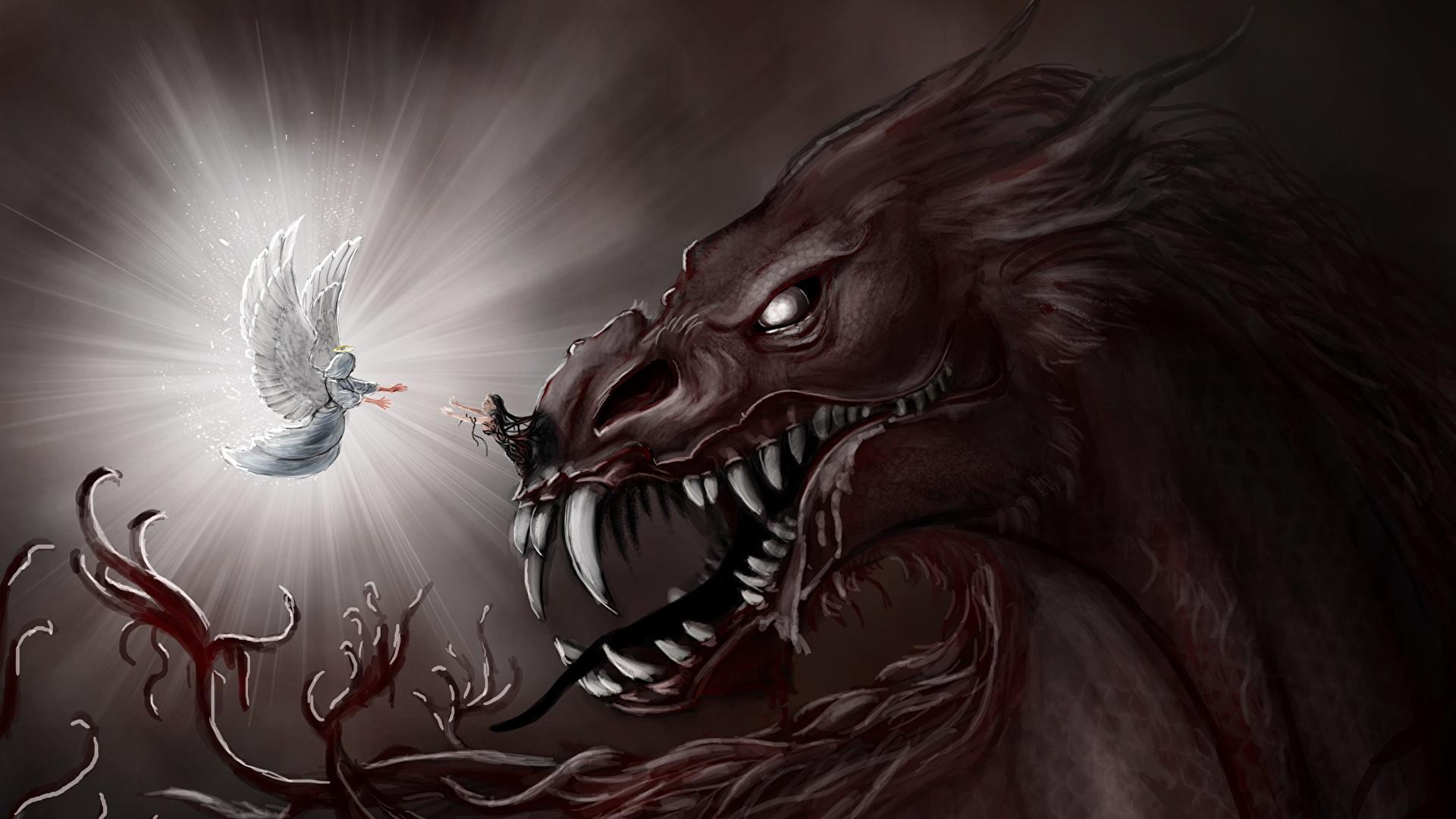 1920x1080 Photos Demons Canine tooth fangs Fantasy Angels 1920x1080