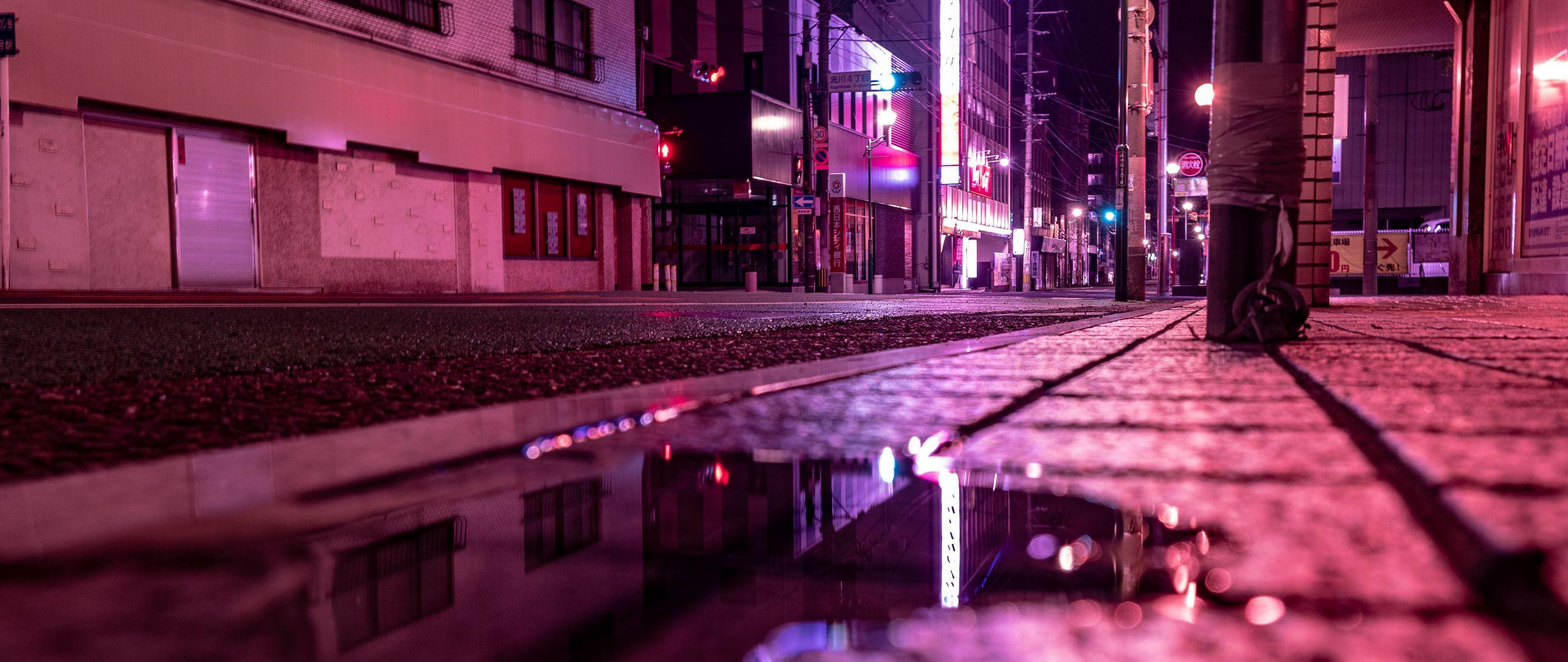 2560x1080 Download wallpaper 2560x1080 street, puddle, neon, light, night dual wide 1080p HD background