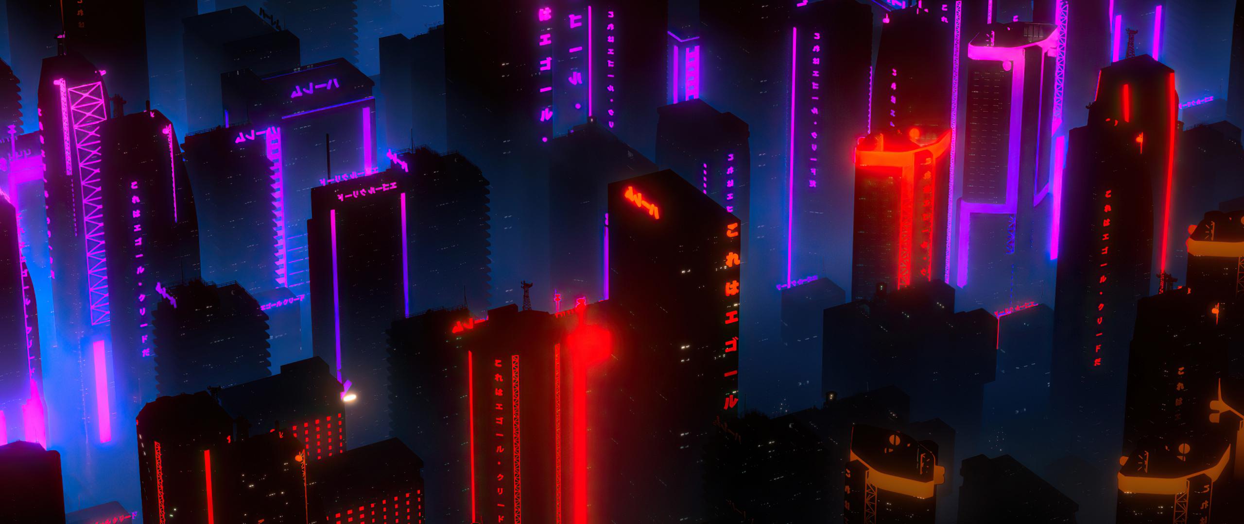 2560x1080 Download wallpaper 2560x1080 neon lights, cityscape, buildings, aerial view, dual wide 2560x1080 HD background, 26567