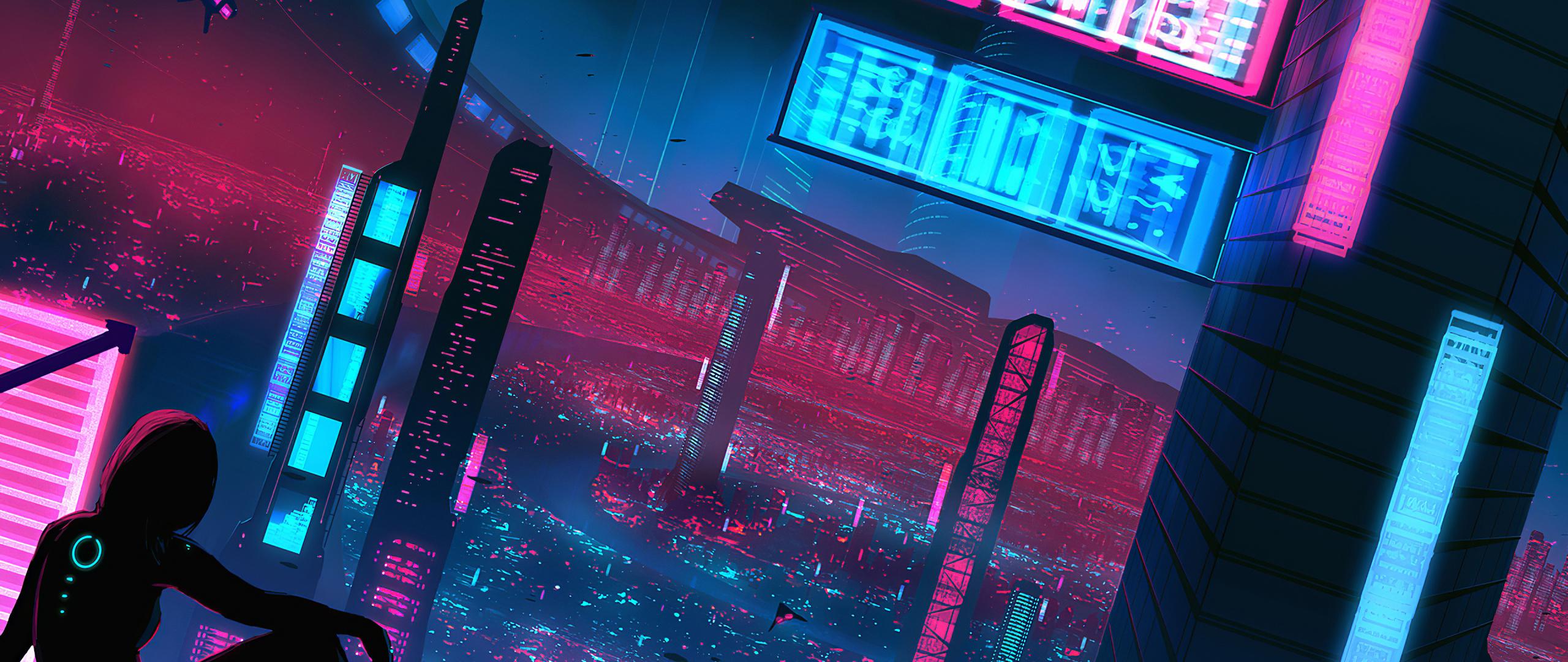 2560x1080 Download Cityscape, future buildings, neon art wallpaper, 2560x Dual Wide, Widescreen