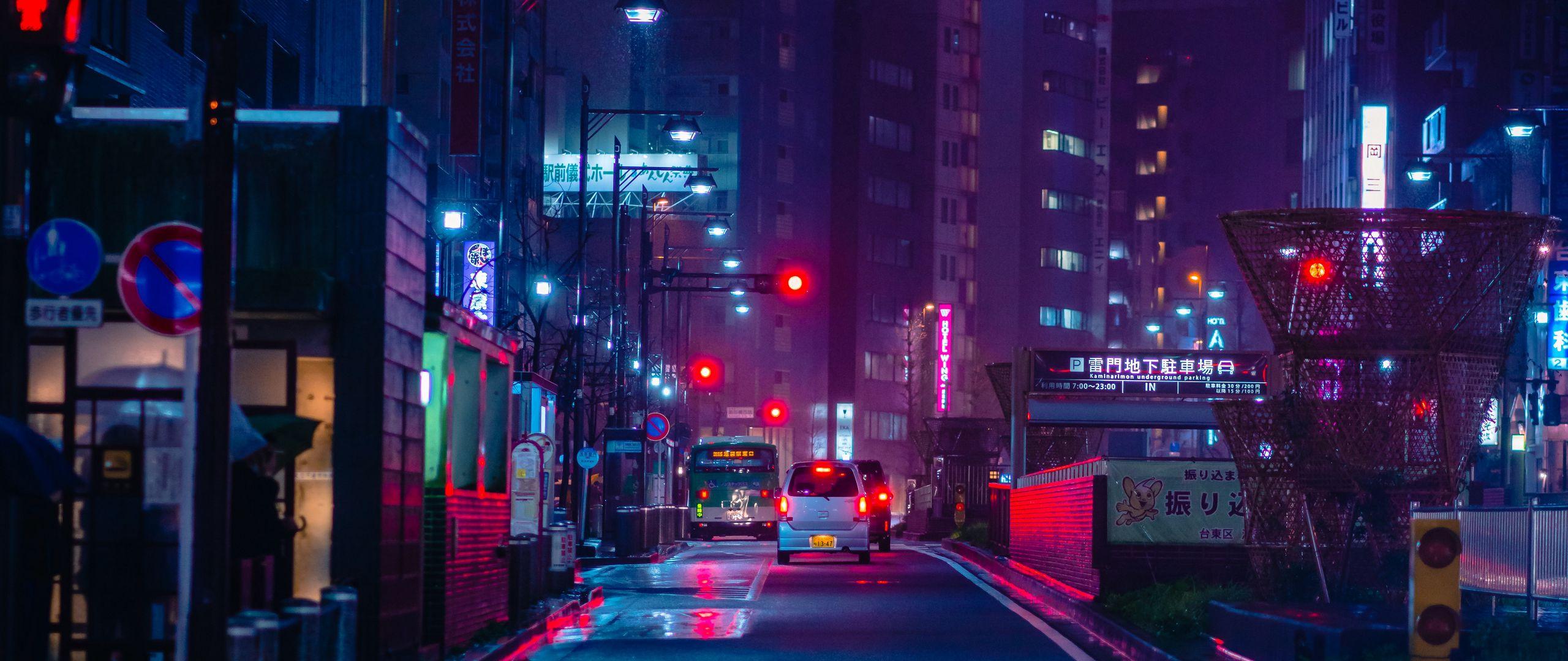 2560x1080 Download wallpaper 2560x1080 street, night city, neon, road, cars dual wide 1080p HD background