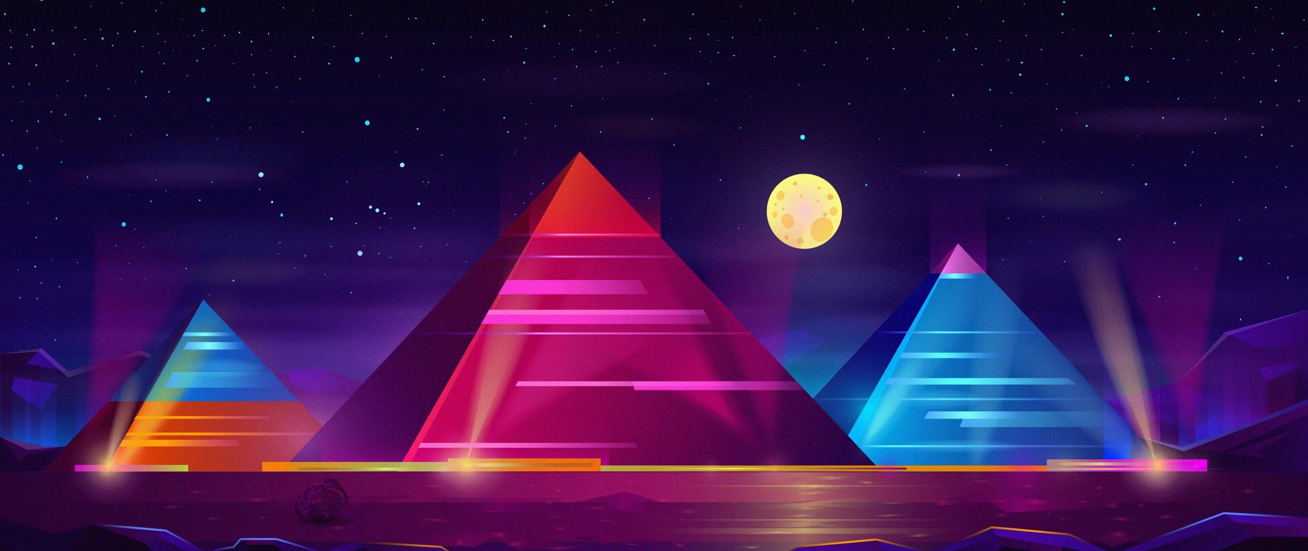 2560x1080 Download wallpaper 2560x1080 pyramids, colorful, neon art, night, dual wide 2560x1080 HD background, 22629