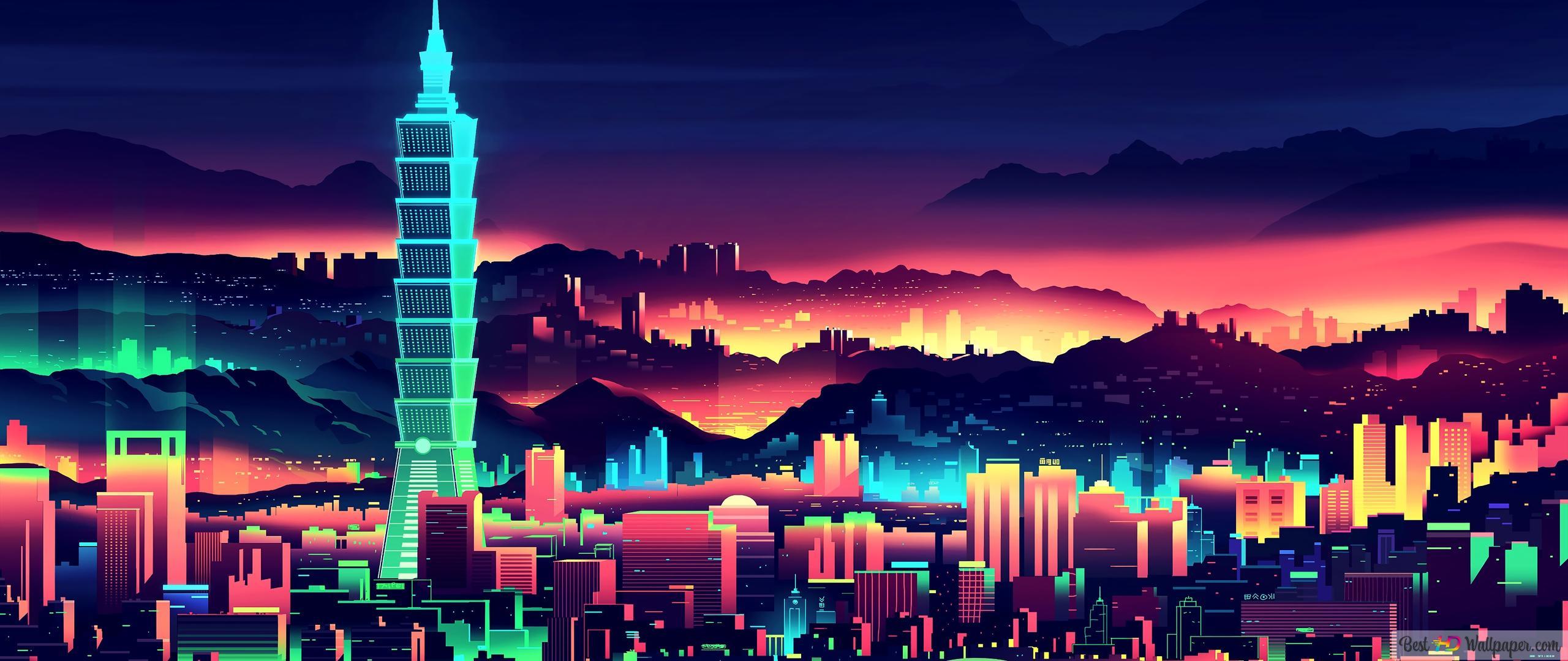 2560x1080 Taipei Neon City, Taiwan 4K wallpaper download