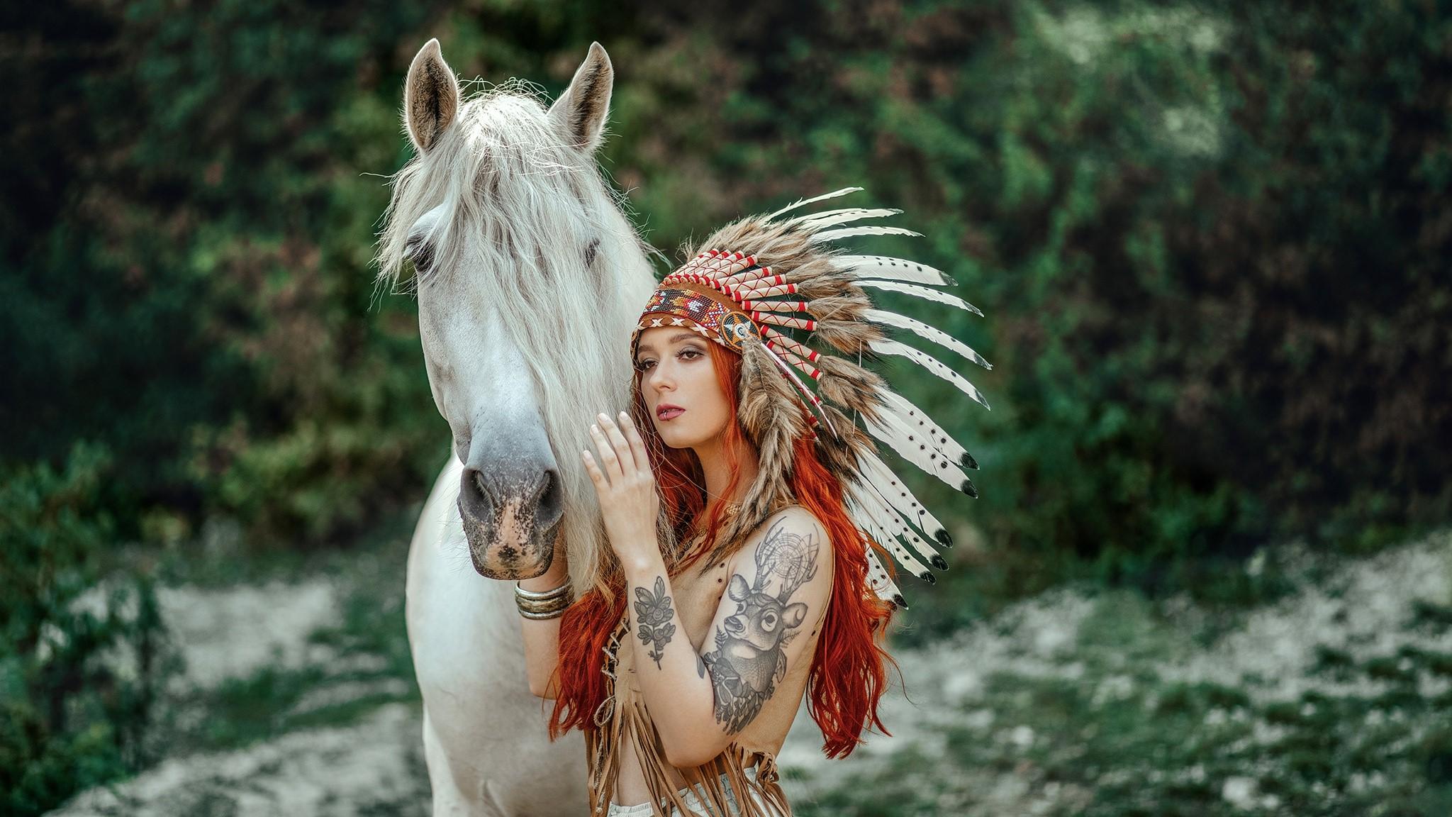 2048x1152 Horses, War bonnet, Indians, Redhead girl Gallery HD Wallpaper