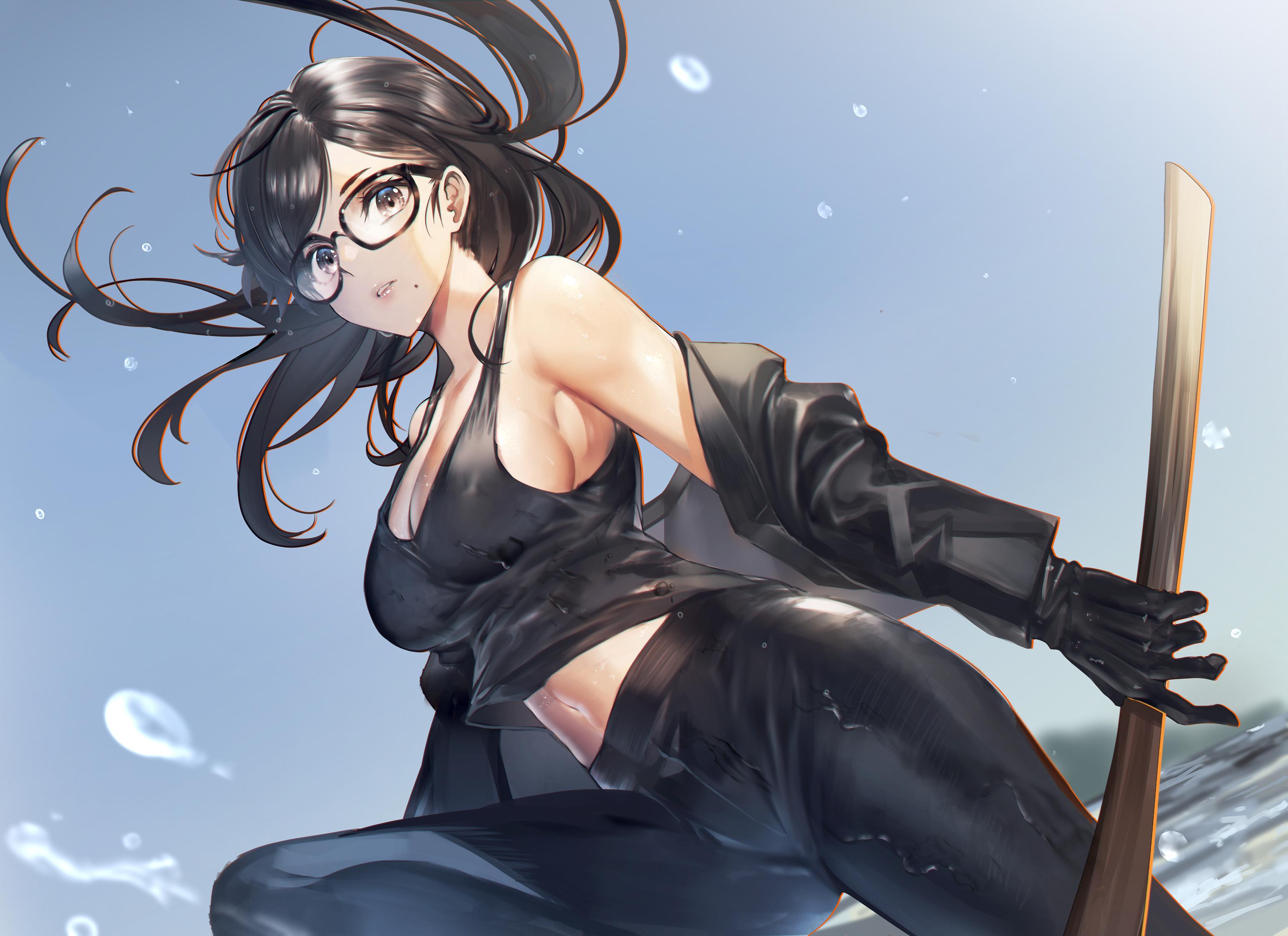 3095x2250 black hair breasts brown eyes glasses gloves long hair minamikata hizuru navel no bra sky summertime render teddy yang water weapon. konachan.com.com Anime Wallpaper