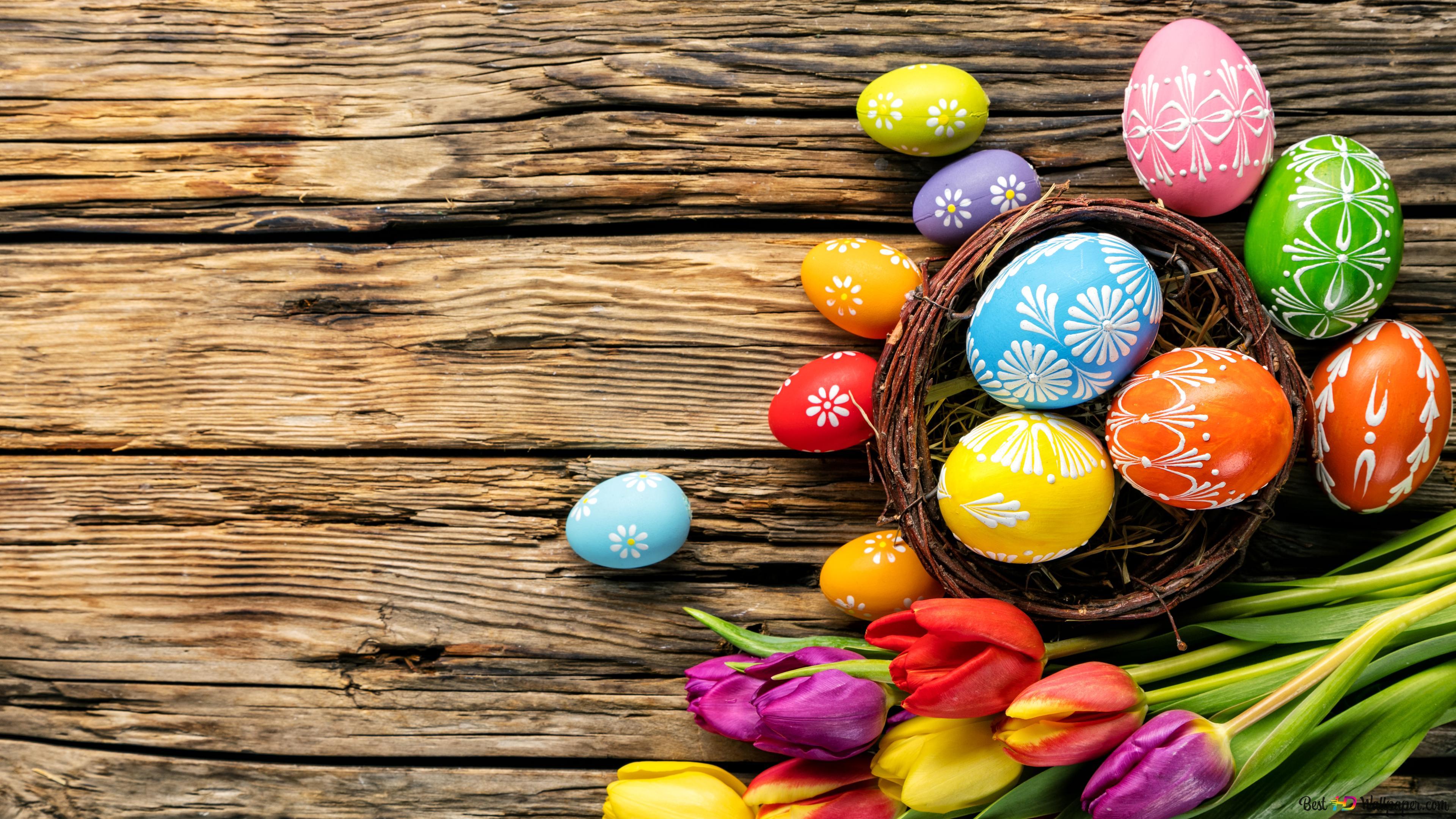 3840x2160 Easter feast with tulips and colorful eggs 6K wallpaper download