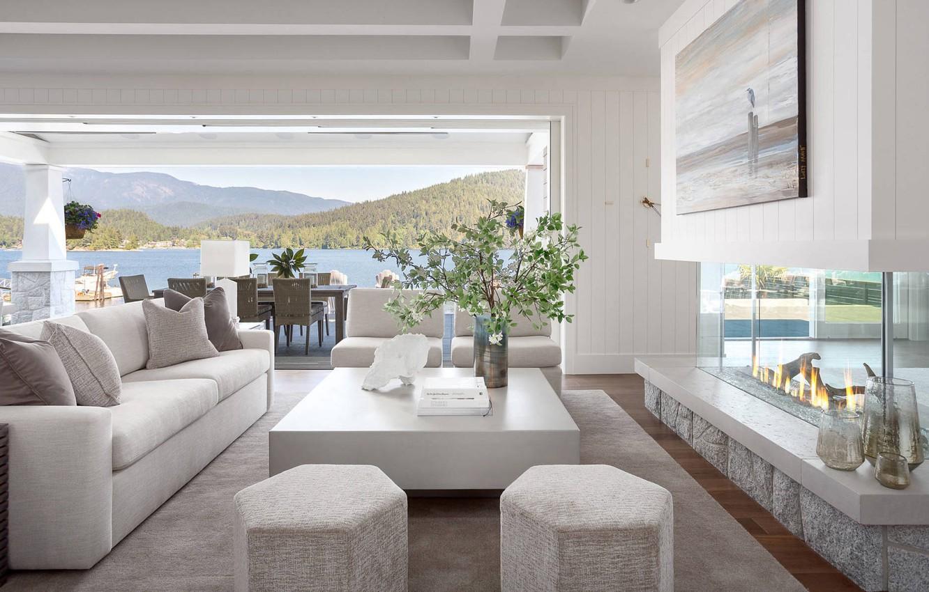 1332x850 Wallpaper furniture, interior, fireplace, terrace, living room, Seashell Lane Residence image for desktop, section интерьер
