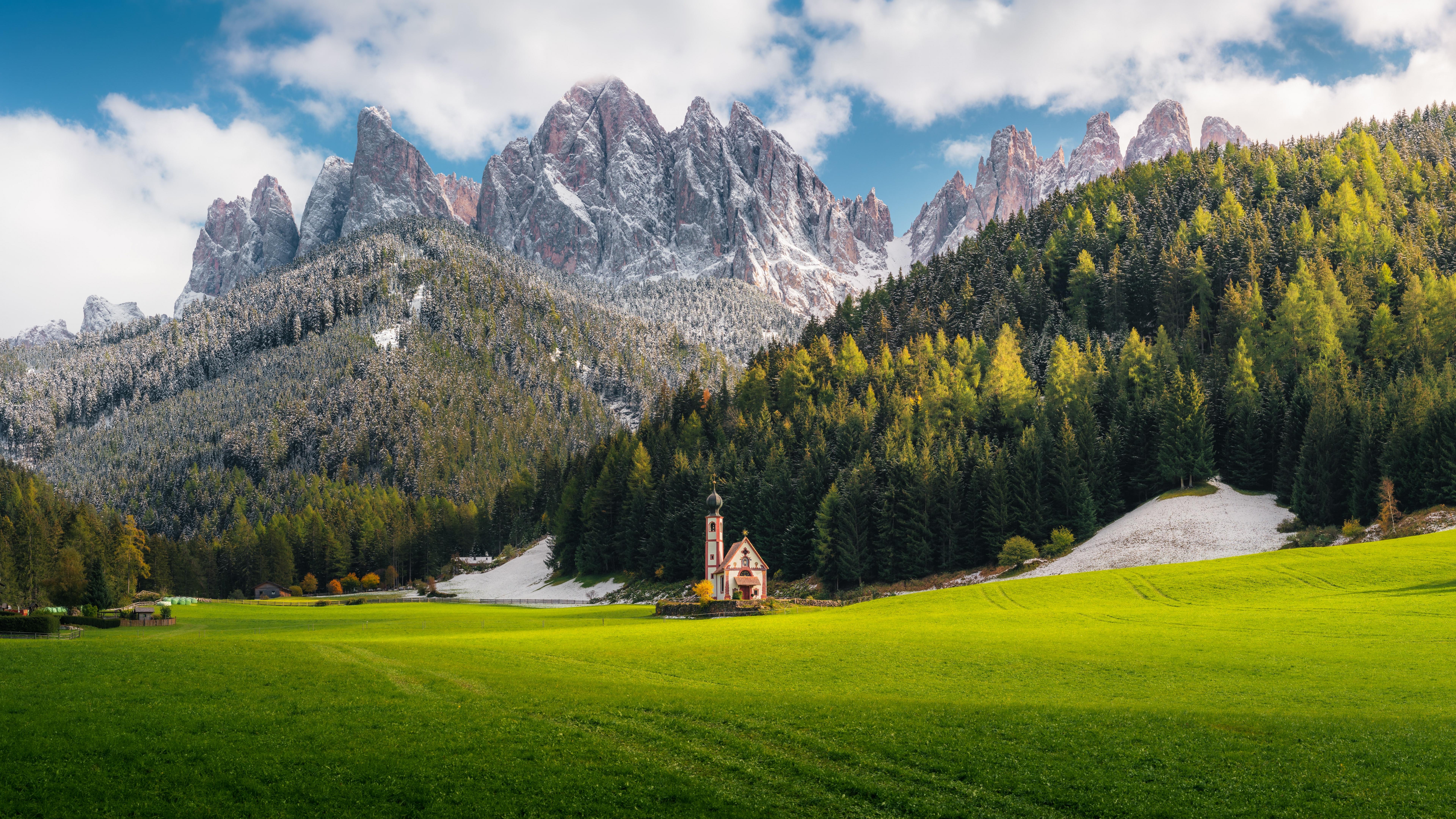 7680x4320 Church Of St Johann Wallpaper 4K, Villnoss, Italy, Alps, Nature
