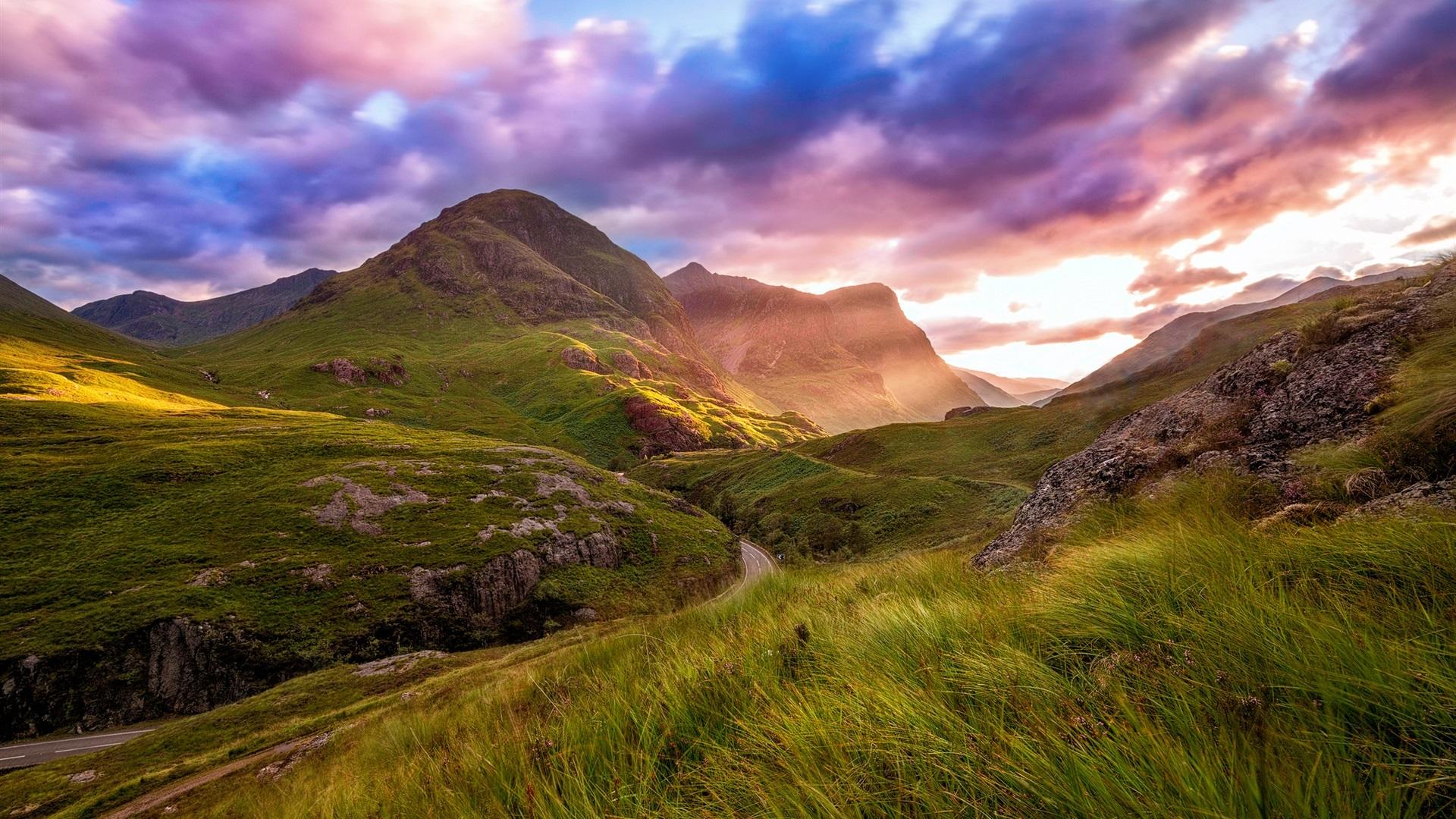 1920x1080 Schottland, Highland Valley, Berg, Straße, Wolken, Himmel, Sonnenuntergang Hintergrundbilderx1080 Hinterg. Landscape wallpaper, Scenery wallpaper, Scotland