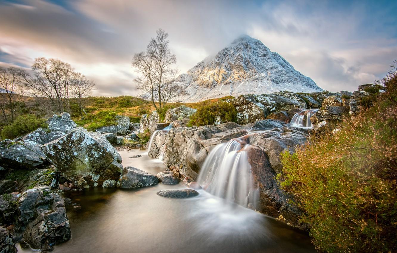 1332x850 Wallpaper clouds, stones, mountain, stream, Scotland, Badlands Etive Mòr, Scottish highlands image for desktop, section природа